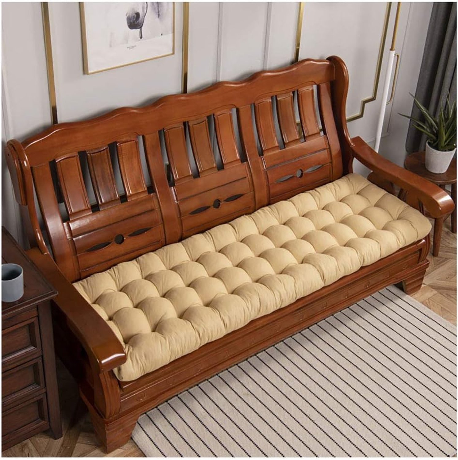 Natuurlijk 3-zits bankkussen - Tuin Bench Kussen 3-zits met comfortabele schuimvulling elastische dikker eetkamerstoel Pads Tuin Bench Kussen Seat Pad bank zitkussen - Geel 52x170cm (20x67
