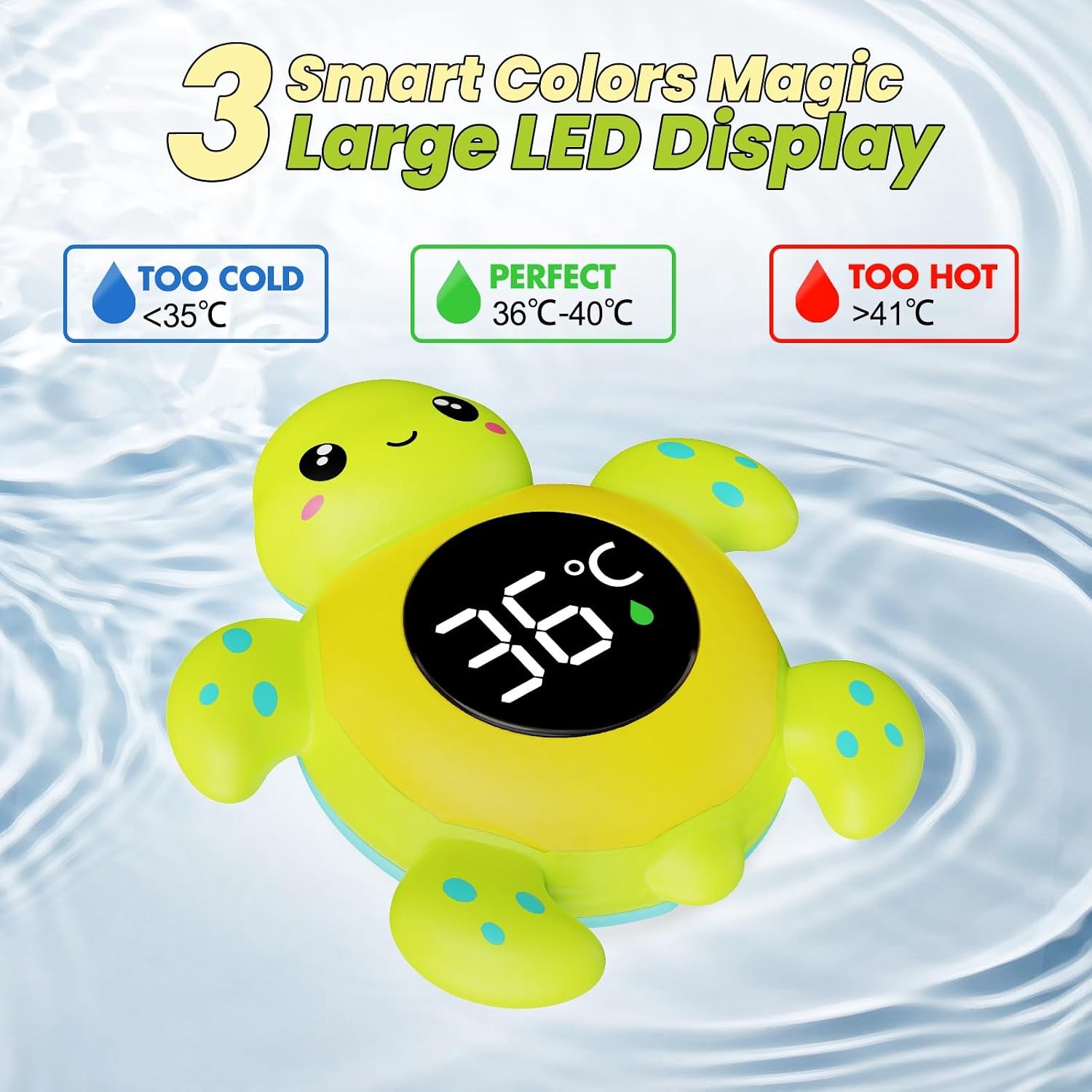 Baby Bath Thermometer Baby Safety, Digital 2-in-1 Room & Bath Water Thermometer with 3-Color Backlight & Temperature Warning, Floating Turtle Design for Infant Toddler, Auto On/Off