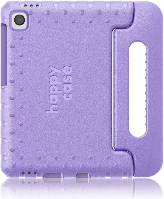 Achterkant van een paarse Happy Case tablethoes met uitsparing voor camera en handvat.