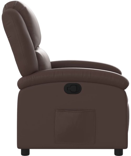 Bruine verstelbare fauteuil van kunstleer, zijkant met handvat en opbergvakje.