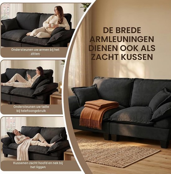 Cloud Sofa Modulaire L-vormige hoekcanapé van chenille Modern designbank met 2 kussens voor salon en appartement 2 zits + 1 (zwart, 2 zits + 1) — afbeelding 4