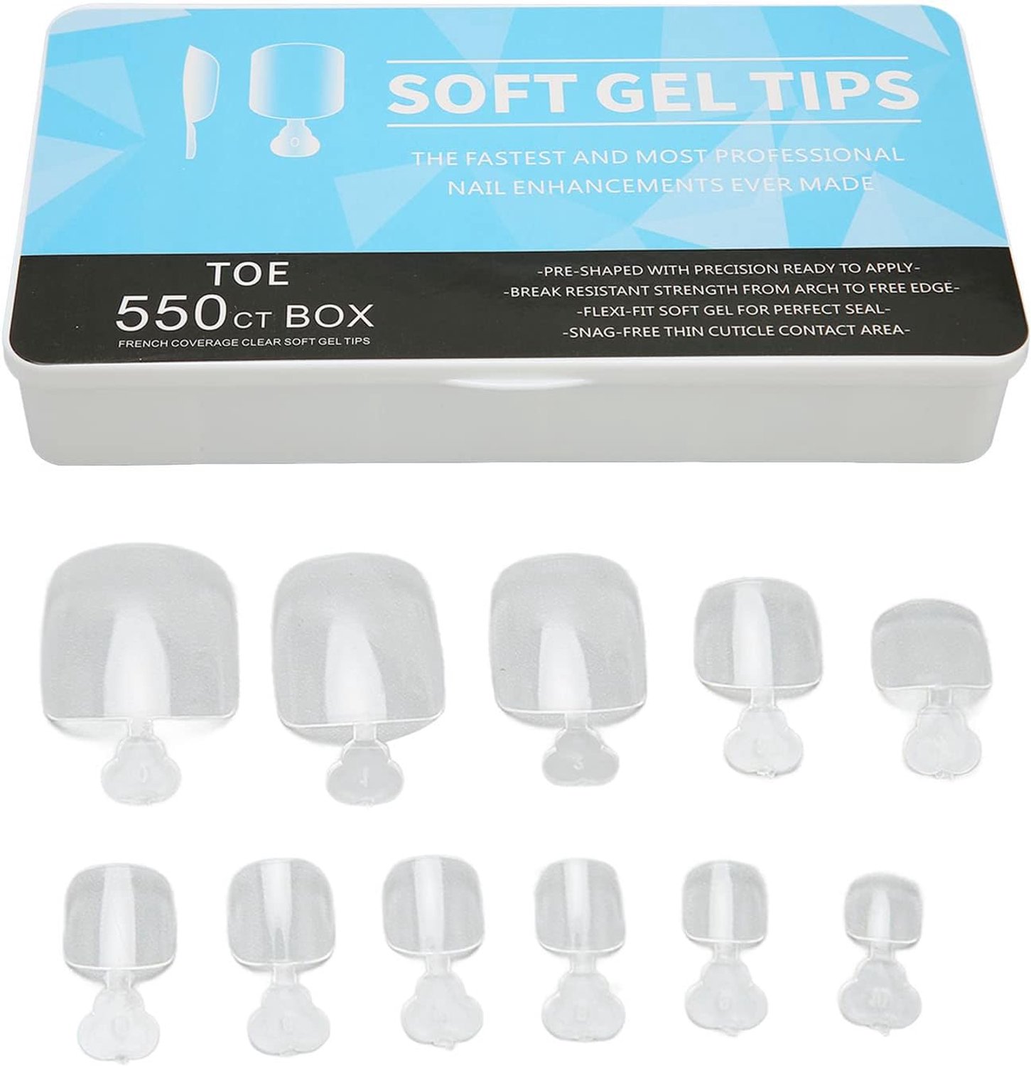 550 Stks Valse Teennagel Tips Volledige Cover Clear Kunstmatige Ultradunne Multi Size Ademende Teen Nagel Tips met Opbergdoos