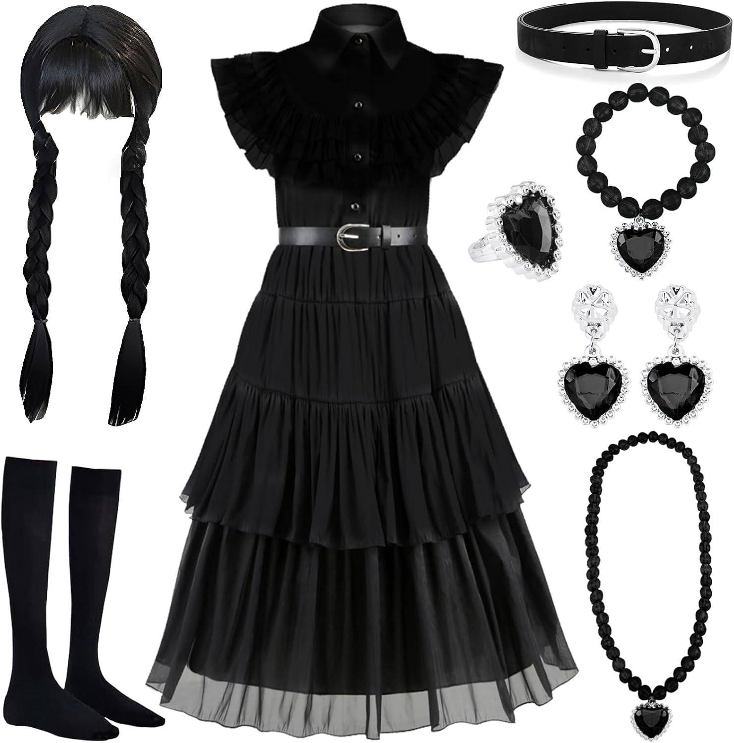 Halloweenkostuum voor kinderen, meisjes, 8 stuks, Halloween-kostuumjurk voor meisjes met pruik en sieradenaccessoires, Halloweenkostuum kinderen voor verjaardag, Halloween, carnaval, cosplay