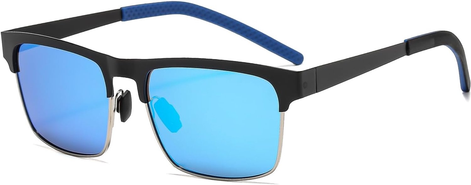 Zonnebril voor heren, gepolariseerde zonnebril, rechthoekige zonnebril, UV400-bescherming, rechthoekige zonnebril, outdoorsporten, mode, halfzilveren montuur en blauwe lenzen, zwart 1 + blauw