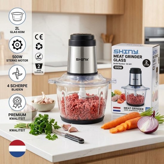 Shiny Meat Grinder – Elektrische Vleesmolen met Glazen Kom – 2L – 500W – 2 Snelheden – 4 RVS Messen van SHINY — afbeelding 2