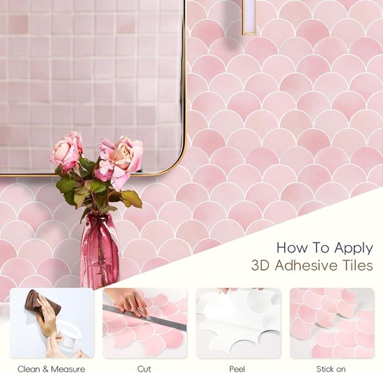 Upgrade Dikkere 3D Tegelstickers voor Badkamer en Keuken, Roze Zelfklevende Plaktegels Visschubben Tegels Wandtegels (10 Stuks) — afbeelding 4