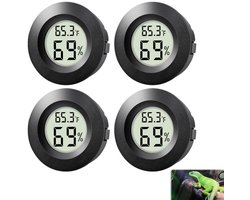 4 stuks-Mini thermometer en hygrometer - Ingebouwde digitale thermometer en hygrometer - Celsius/Fahrenheit schakelaar - Binnenthermometer en hygrometer - Geschikt voor reptielen, sigaren, wijnkasten - Zwart - 45*45*15 mm - Uitsparing van 41 mm