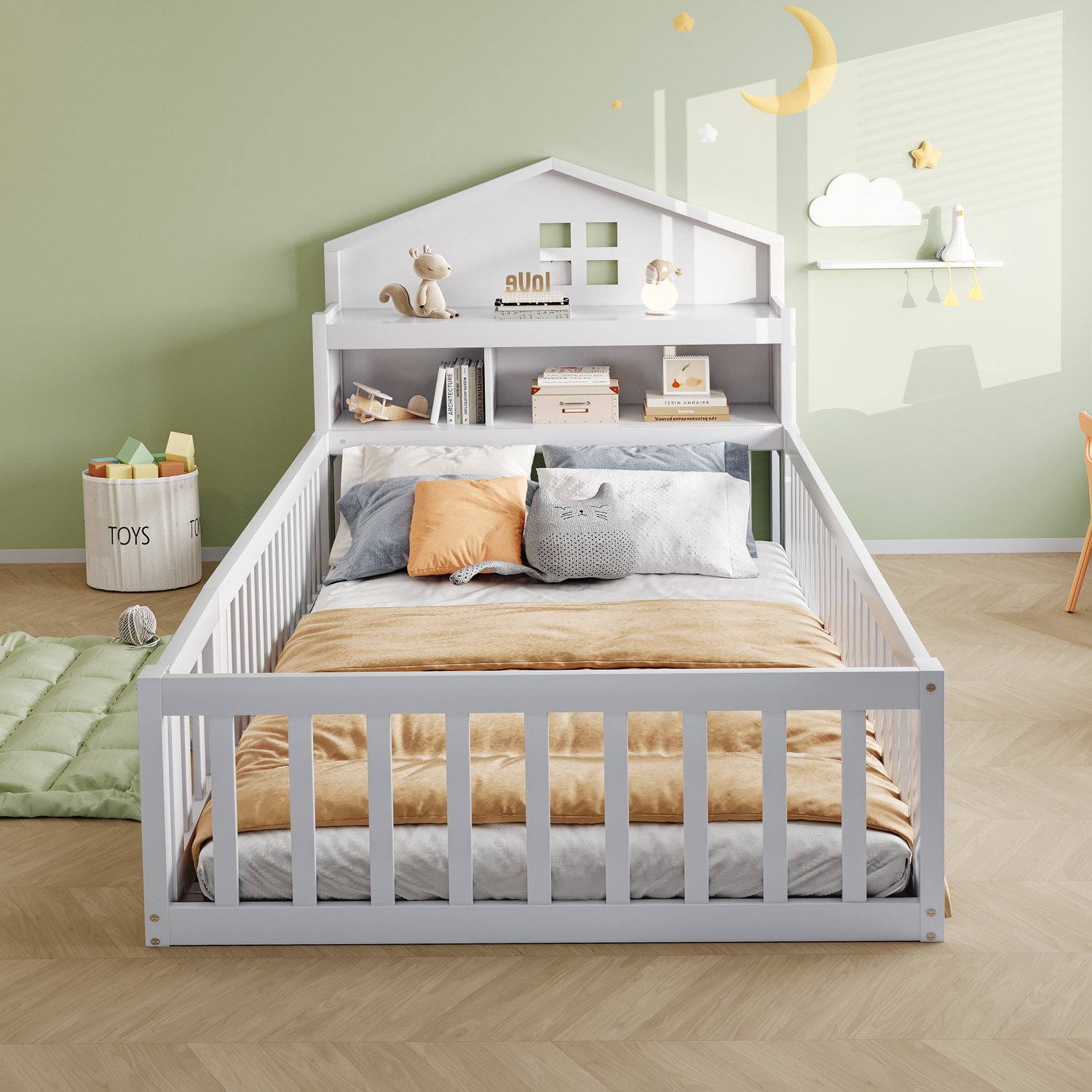 Merax Kinderbed 90x200cm - huisframe - met plank en opbergruimte - met reling en deur - met schildersezel - met bedbodem - wit - zonder matras