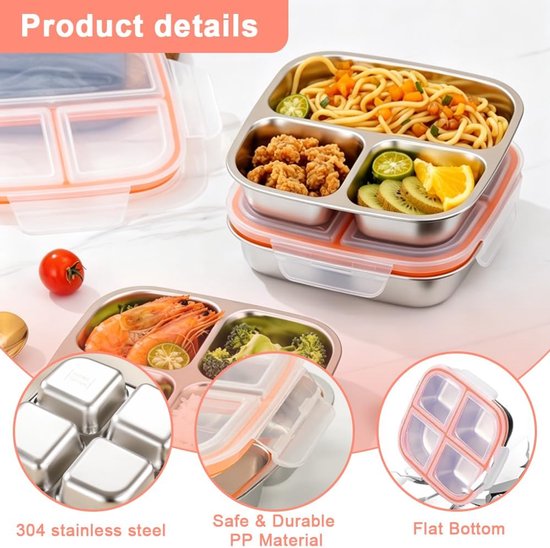 2 stuks snackbox met 4 vakken, 600 ml snackbox met vakken, roestvrij staal, herbruikbare snackbox voor kinderen en volwassenen, meal prep container kinderen, voor school, kantoor, camping — afbeelding 5