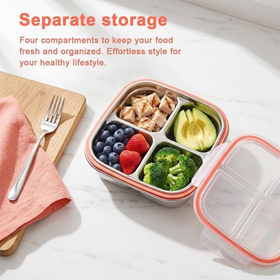 2 stuks snackbox met 4 vakken, 600 ml snackbox met vakken, roestvrij staal, herbruikbare snackbox voor kinderen en volwassenen, meal prep container kinderen, voor school, kantoor, camping — afbeelding 3