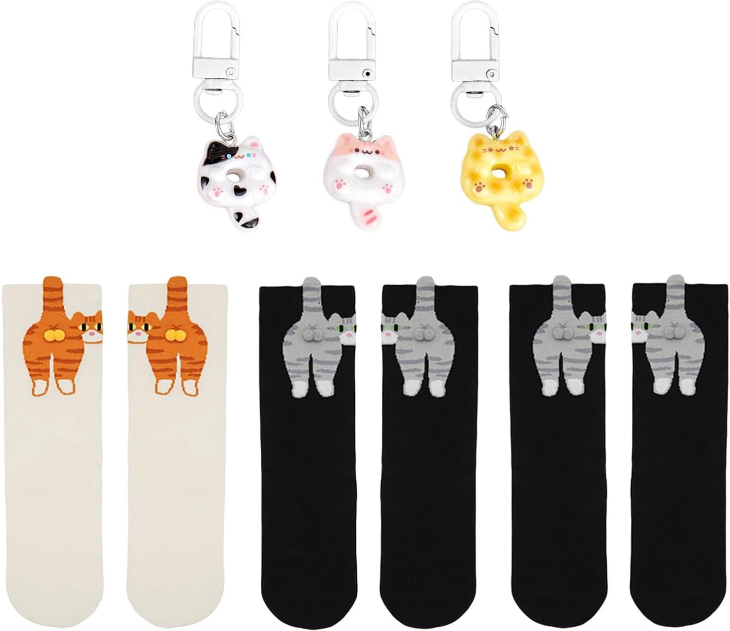 3 Paar Dames Kat Sokken En 3 Deur Gesp Hangers, Schattig Haarbal Ontwerp, Zachte En Comfortabele Antislip Katoenen Sokken, Grappige Huisdier Geschenken.