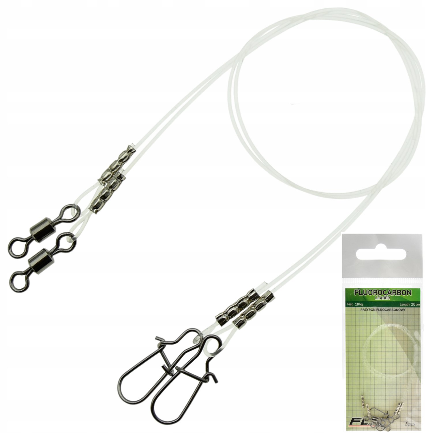 Fluorocarbon Onderlijnen 20 cm 10 kg - 2 stuks met clip & swivel
