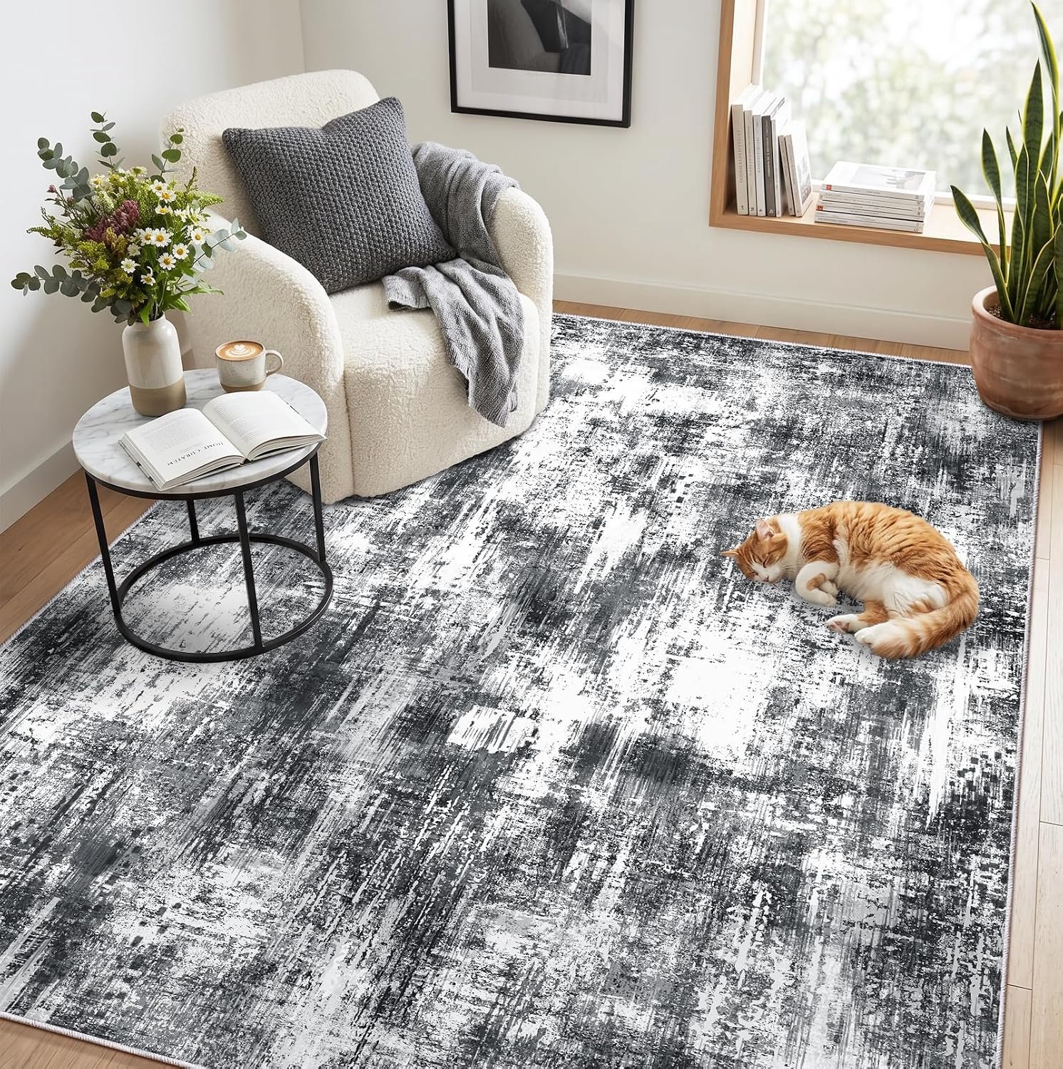 Wasbare vloerkleden, 140 x 200 cm, zwart-wit, modern, abstract, woonkamer, slaapkamer, groot, antislip, laagpolig, zacht, voor woonkamer, eetkamer, kantoor