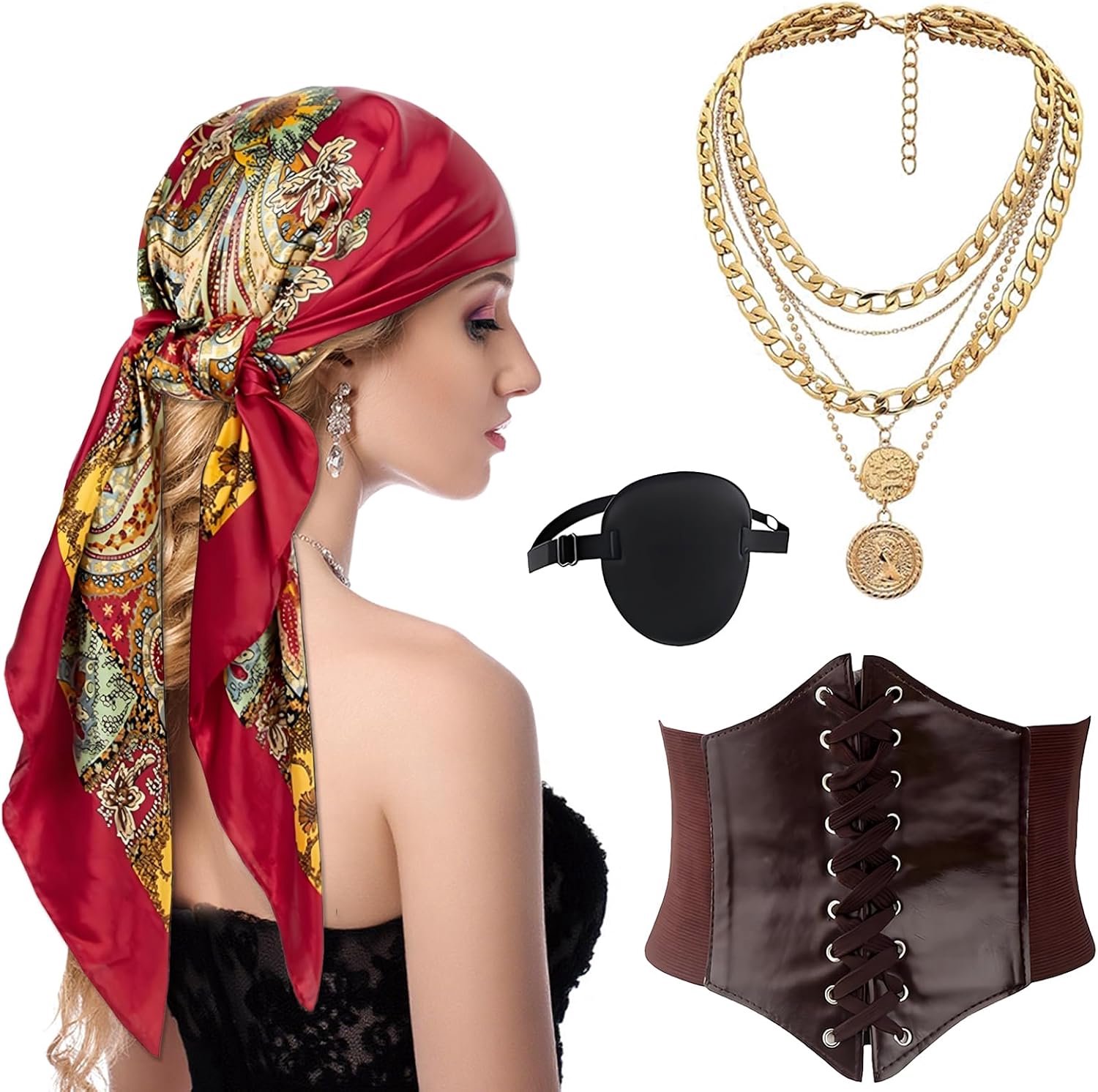 Piratenkostuum voor dames, 4 stuks piratenaccessoires, piratenaccessoires, piratenaccessoires voor dames, piratenhoofddoek, korset, ooglap-piraten-halsketting voor Halloween, carnaval, maskerade