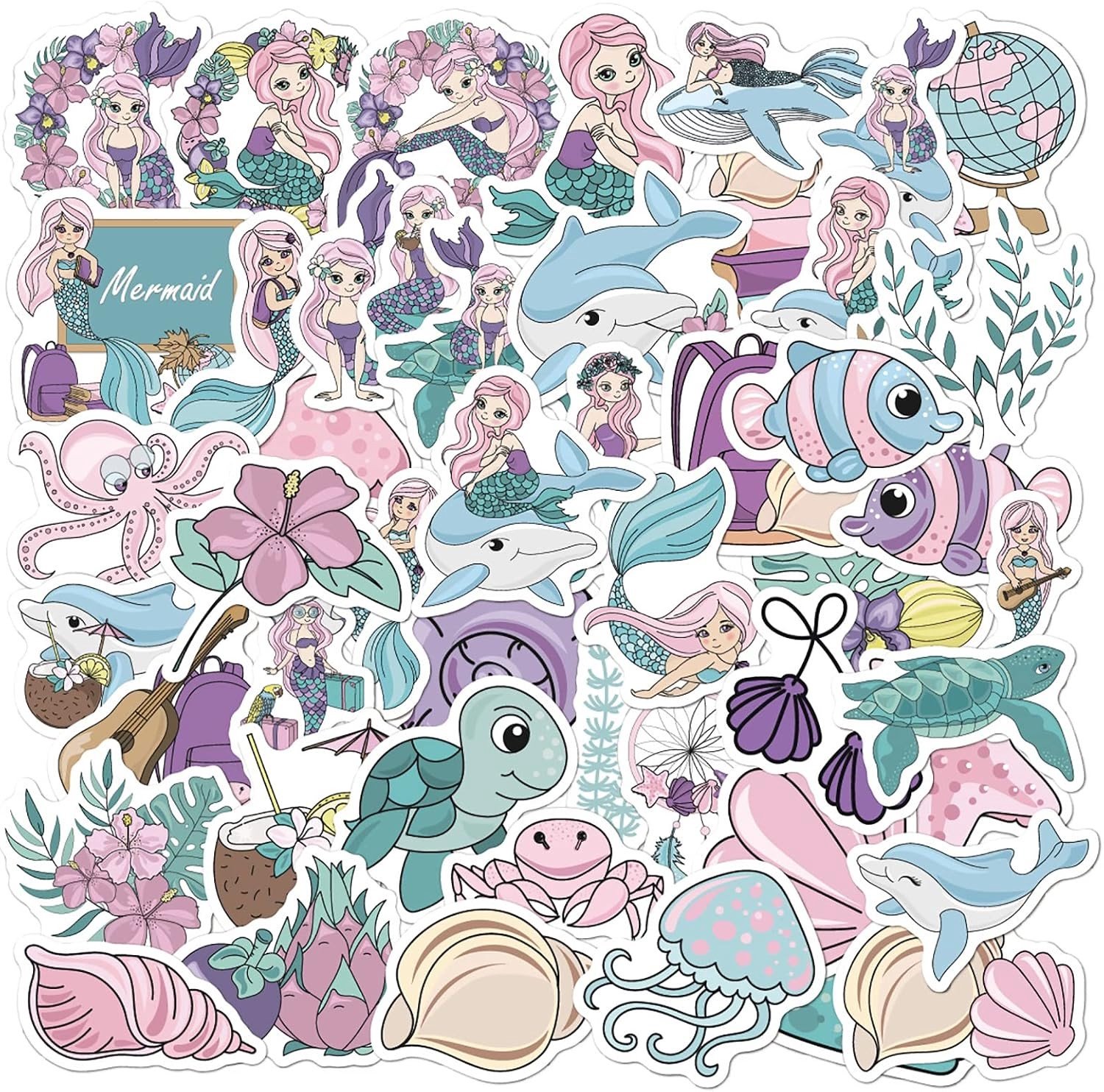 50 Stuks Schattige Zeemeermin Stickers Kawaii Vinyl Stickers Waterdichte DIY Stickerset voor Fietsen Skateboards en Helmen Perfect voor Kinderen en Meisjes Multicolor