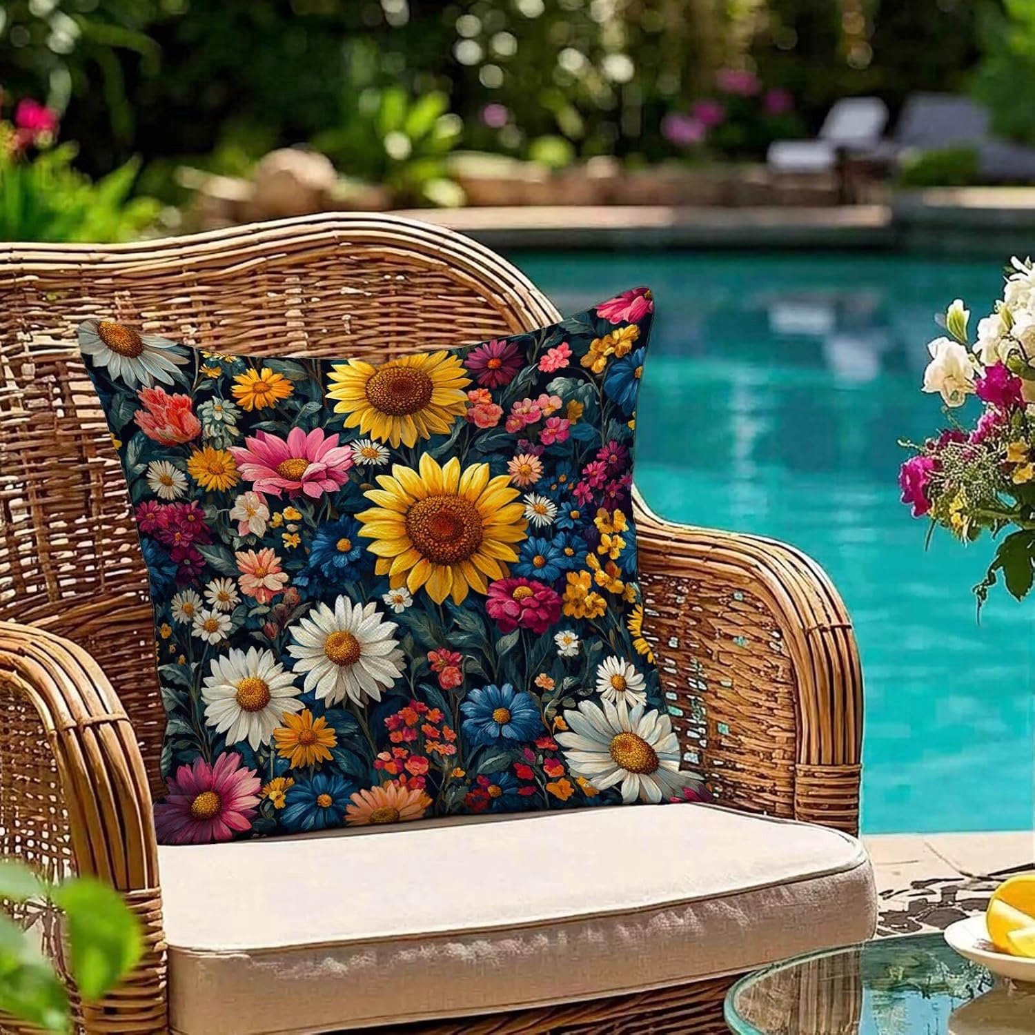Set van 1 buitenkussen, weerbestendig, 35 x 35 cm, kleurrijke bloemenkussenhoes met verborgen ritssluiting, dubbelzijdig bedrukt, sierkussen voor tuin, bank, bed, balkon, #146l