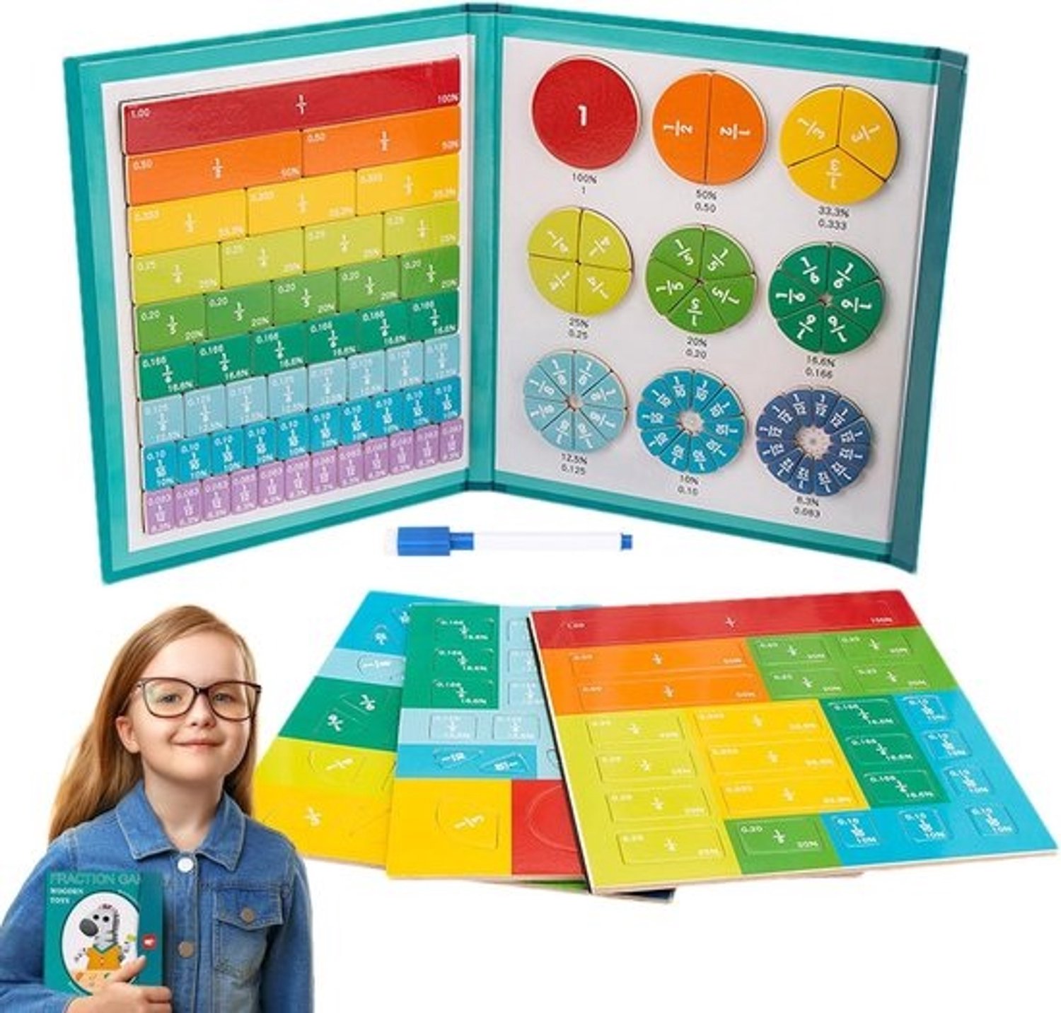Magneetboek over breuken - Educatieve puzzel - Wiskunde leren - Visueel hulpmiddel - 22 x 18 cm - Meerkleurig