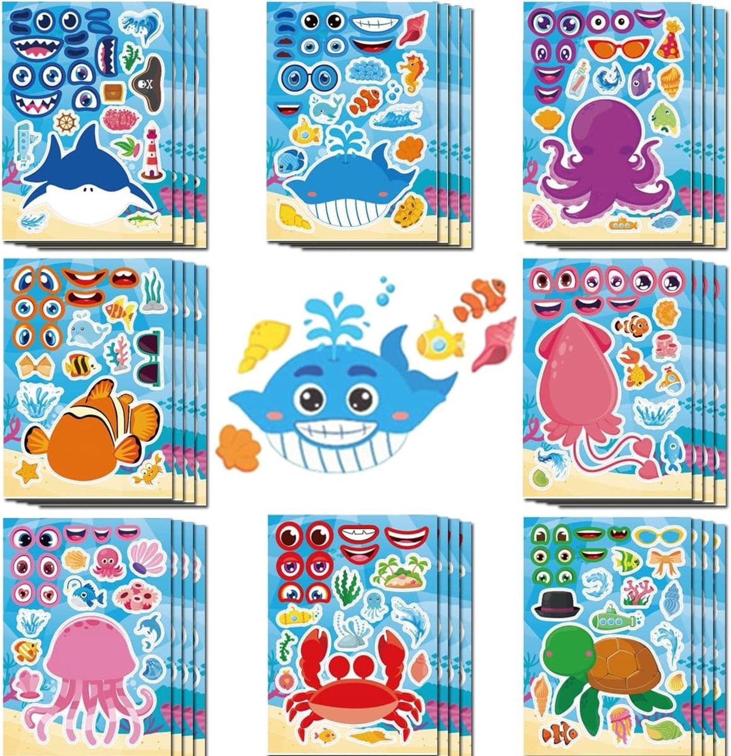 32 Dierenstickers Set voor Kinderen, DIY Gezichtstickers met 6 Zee Dierenpatronen, Perfect voor Feestjes en Knutselprojecten