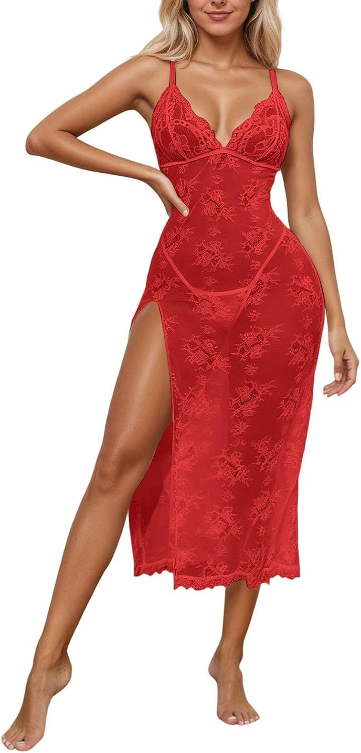 Générique Elegante lange babydoll van transparant kant met zijsplit en string voor kleding
