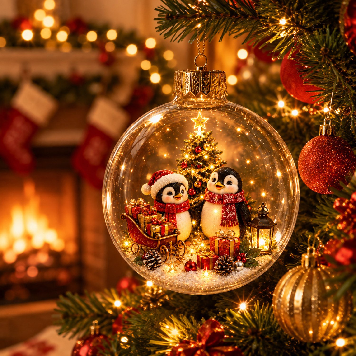 Verlichte transparante kerstbal ornament met pinguïn thema- 2D winter kerstprint- lichtgewicht PET kunststof- diameter 10 cm- met ophangring- feestdecoratie voor kerstboom- tafel en raam – foto 2