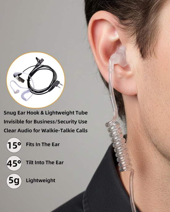 2 stuks draadloze headset, 2 pins, compatibel met Baofeng UV-5R Plus BF-88S BF-88E walkietalkie JUCJET RT24 RT668 RT27 RT24V RT617 RT86, hoofdtelefoon, radio, hoorslang, politie — afbeelding 3