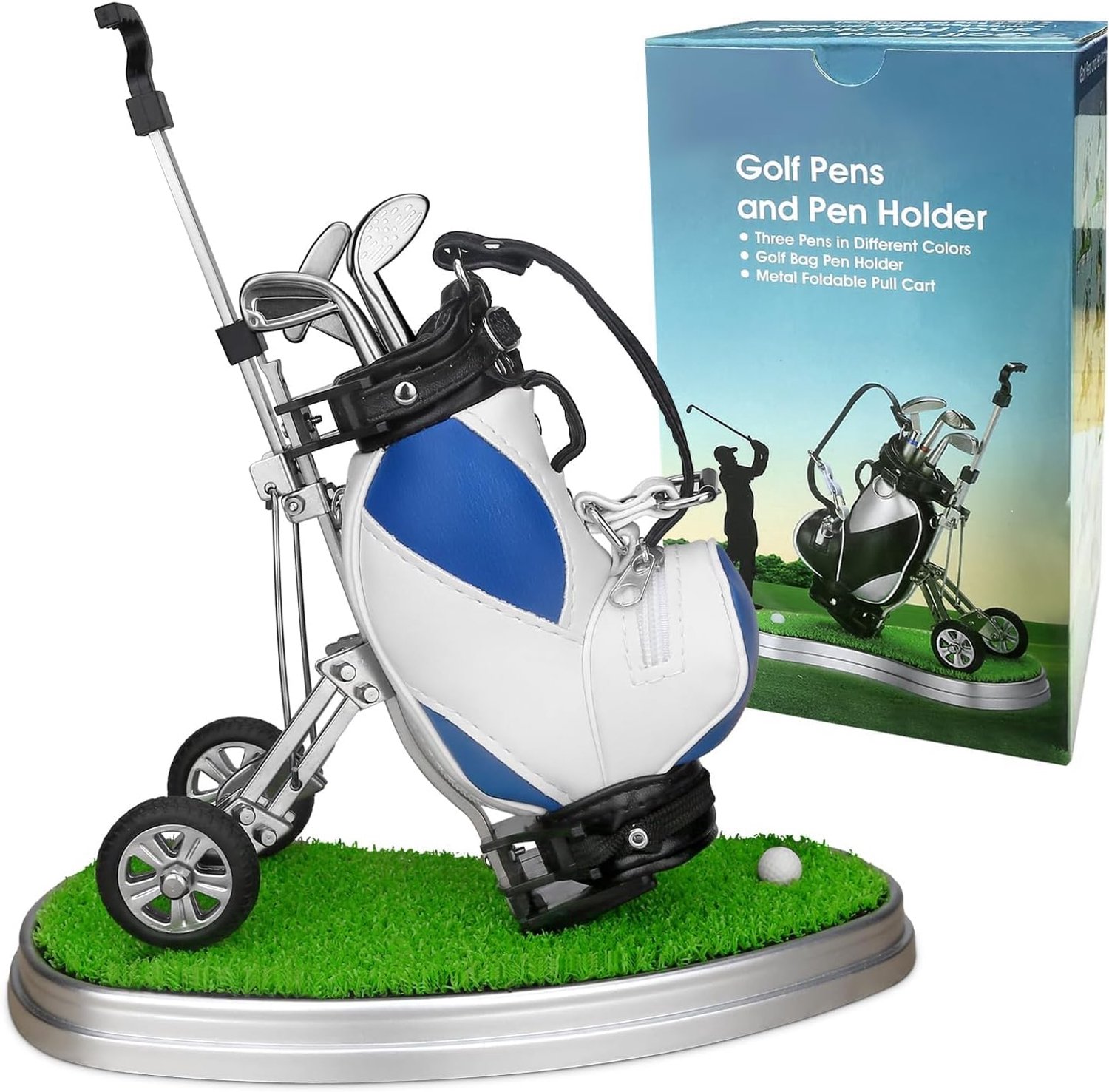 10L0L Golfpenhouder met 3 stuks golfclubpennen set unieke golfgolfbureau decor geschenken souvenirs voor mannen - blauw + wit