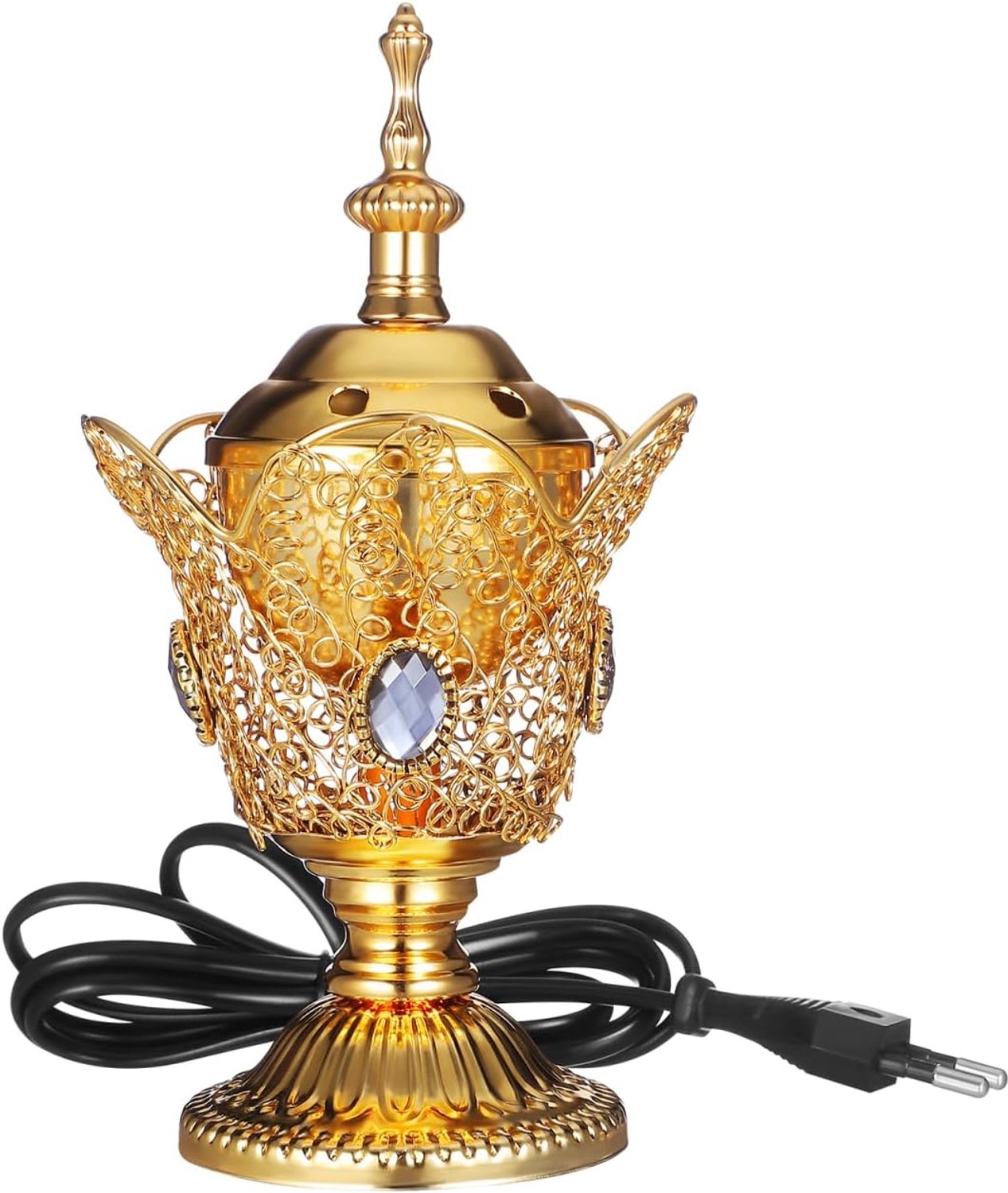 Hemobllo Elektrische Bakhoor wierookbrander, metaal, Arabische wierookbrander, goud, met EU-stekker (220-240 V), decoratie voor thuis, kantoor en yoga