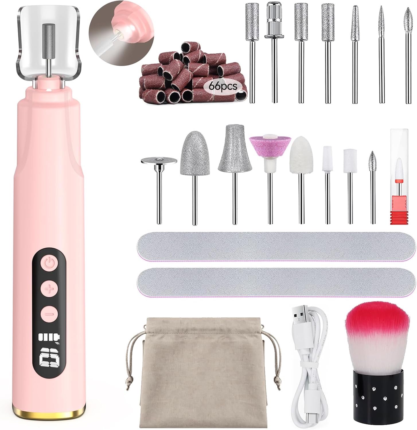 Elektrische nagelvijl, 15-in-1 draadloze nagelboor met LED-licht, 10 snelheden, LCD-display, oplaadbare nagelvijlen van type C voor acrylgelnagels, draagbare manicure-pedicure-set voor