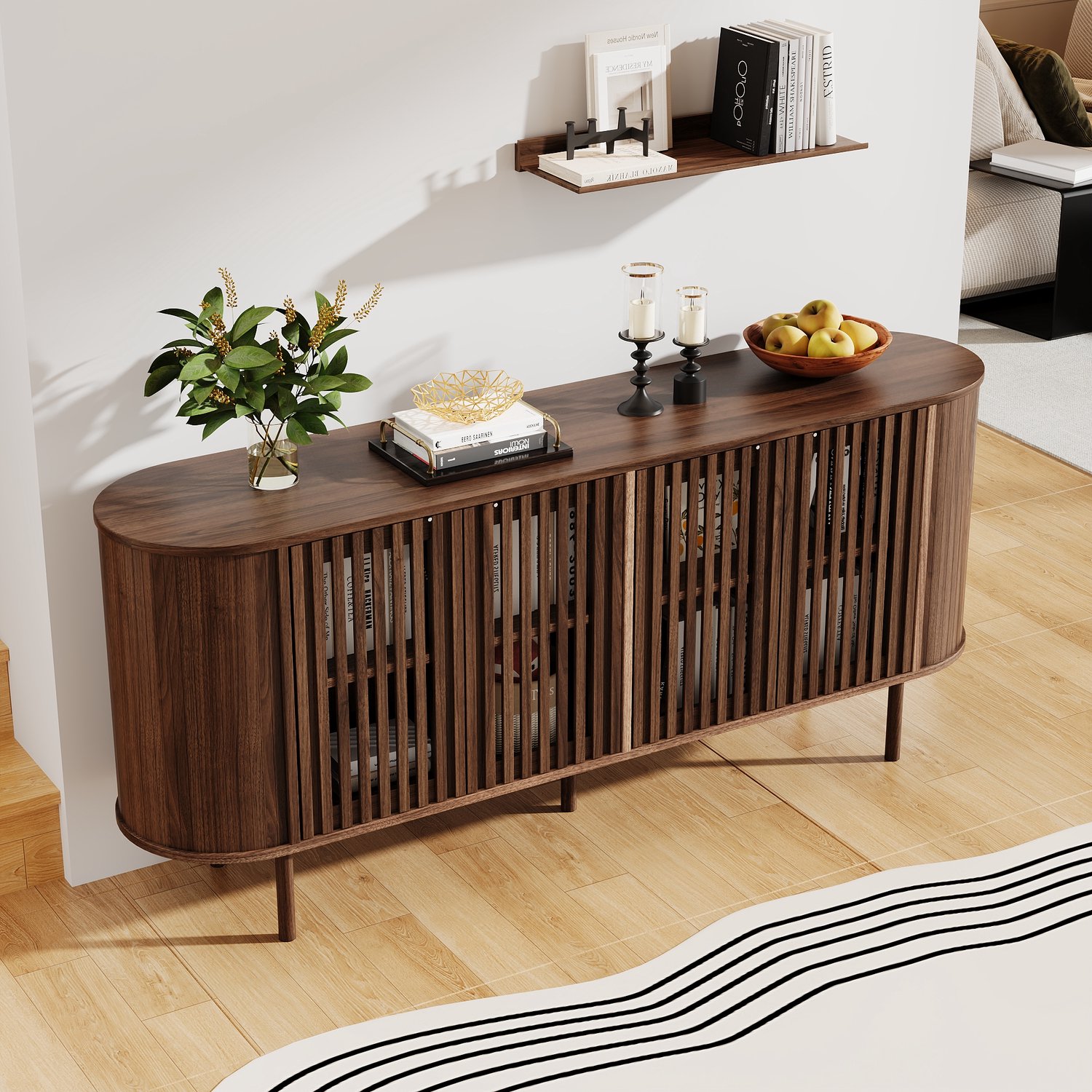 Walnootkleurig dressoir-sideboard met 4 schuifdeuren, verstelbare legplanken, MDF en metalen poten – woonkamer, eetkamer – 160 x 40 x 70 cm