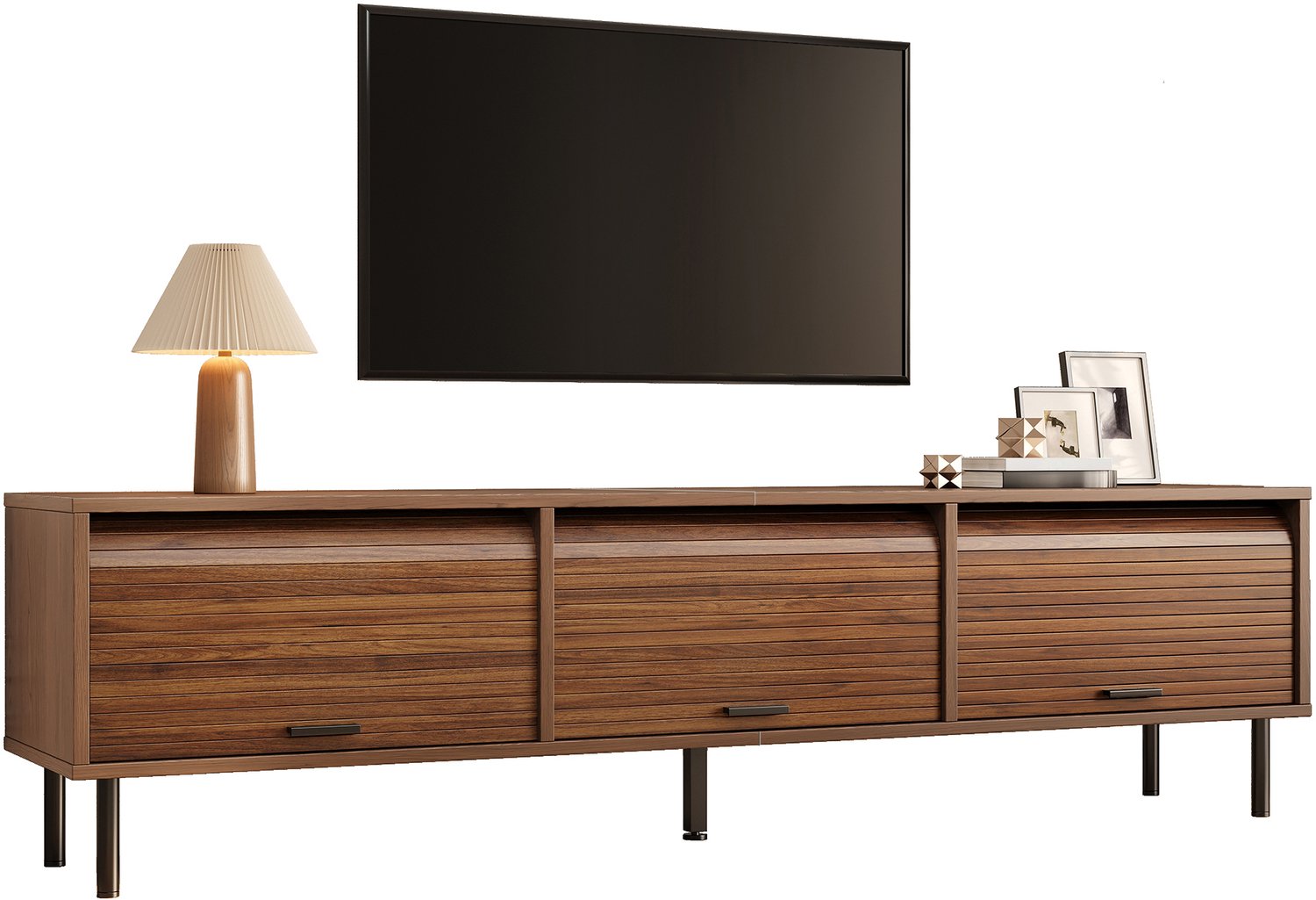 Clruro TV-Meubel - 180×40×55 cm - 3 Omhoogschuivende Deuren - Ribbelfront - MDF/Spaanplaat - Walnoot