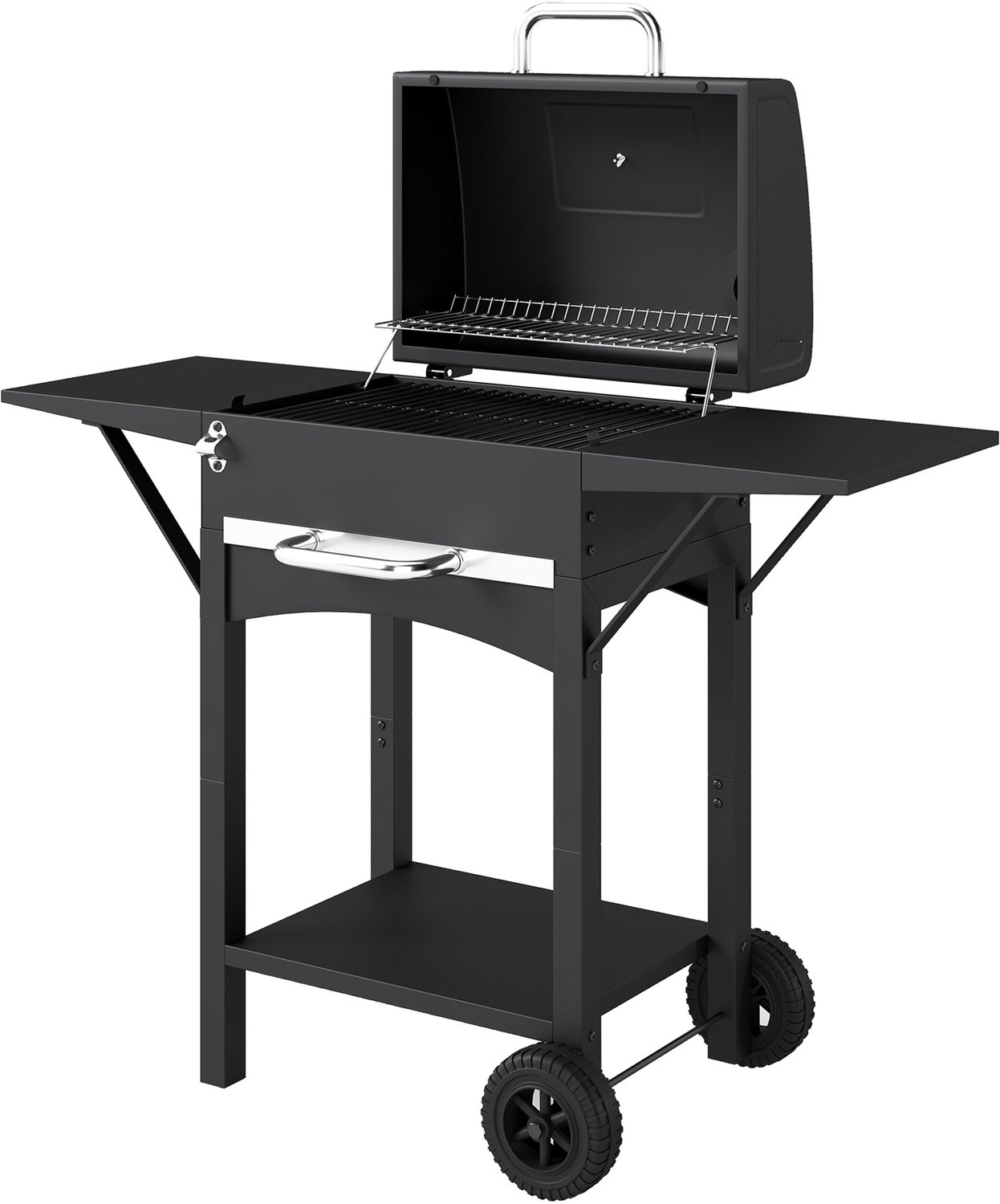 Houtskoolbarbecue met 2 zijplanken, thermometer, deksel en wielen, 110 x 46,5 x 101 cm, zwart