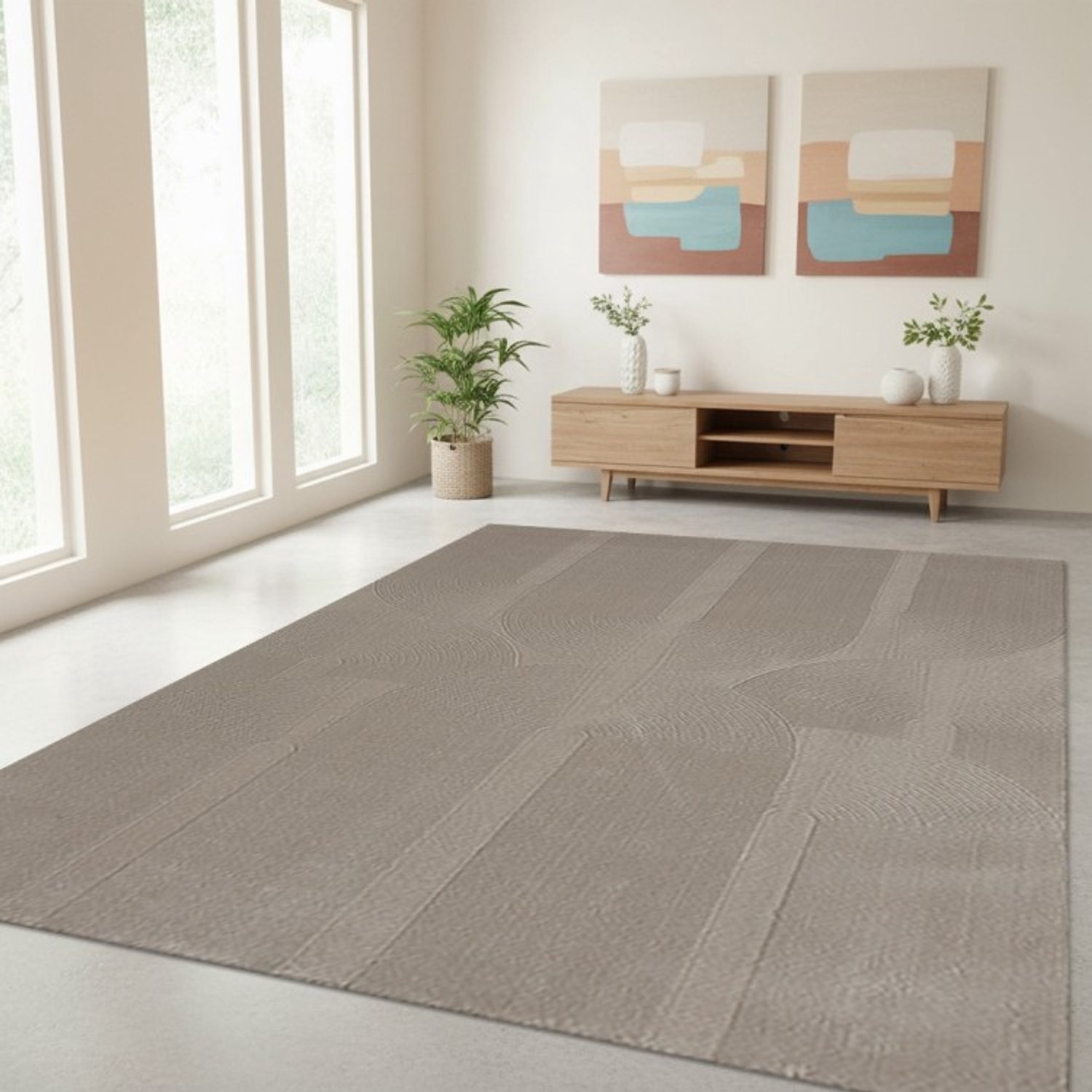 TapisTrend Designer tapijt Beige 120x170 cm Modern vloerkleed met verhoogde geometrische bogen en concentrische lijnen voor woonkamer en slaapkamer