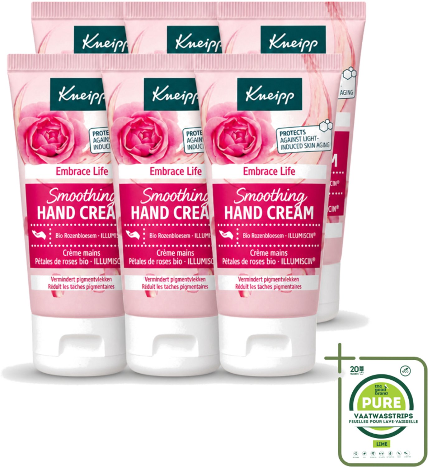 6 x Kneipp - Handcrème - Embrace Life - Anti‑Aging (ILLUMISCIN) - 50 ml - Grootverpakking - Vaatwasstrips - Handcrème - Anti-ouderdom - Pigmentvlekken - Huidveroudering - Vitamine E