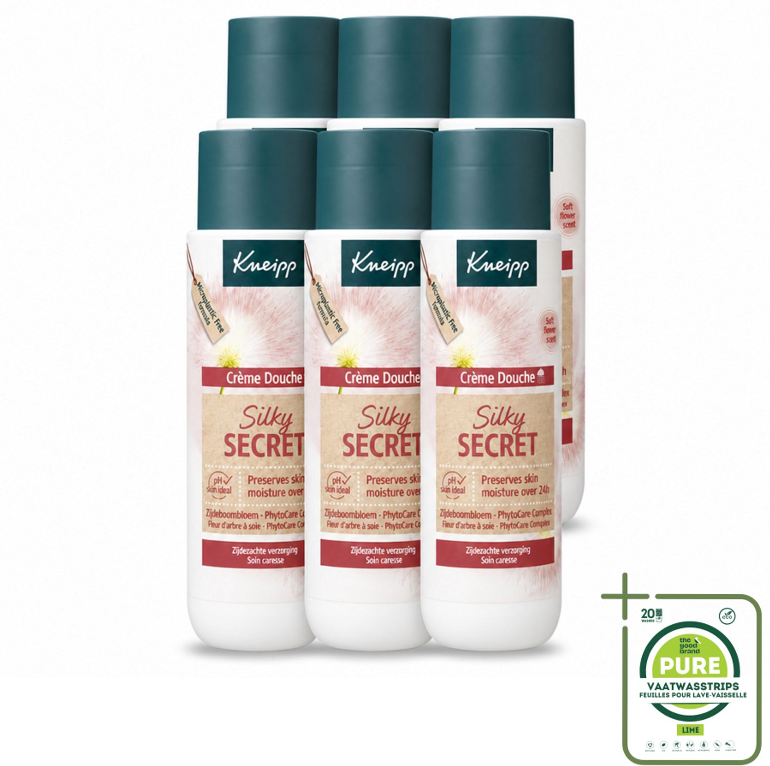 6 x Kneipp - Douchecrème - Silky Secret - 200 ml - Grootverpakking - Vaatwasstrips - Douchecrème - Zijde - Melkproteïnen - Zijdeboombloem - Huidverzorging