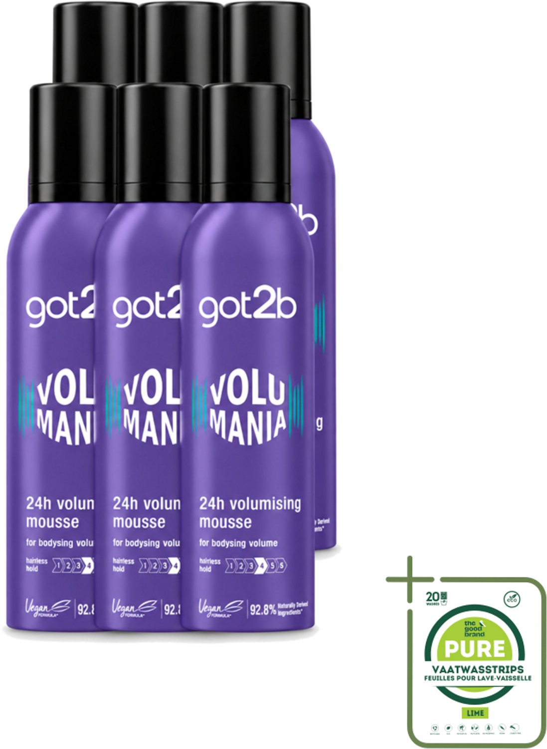 6 x Got2B - Volumemousse - Volumania 24H - 250 ml - Grootverpakking - Vaatwasstrips - Haar Volume - Haarkleur - Haarkleuring - Haarkleuring - Haarkleur