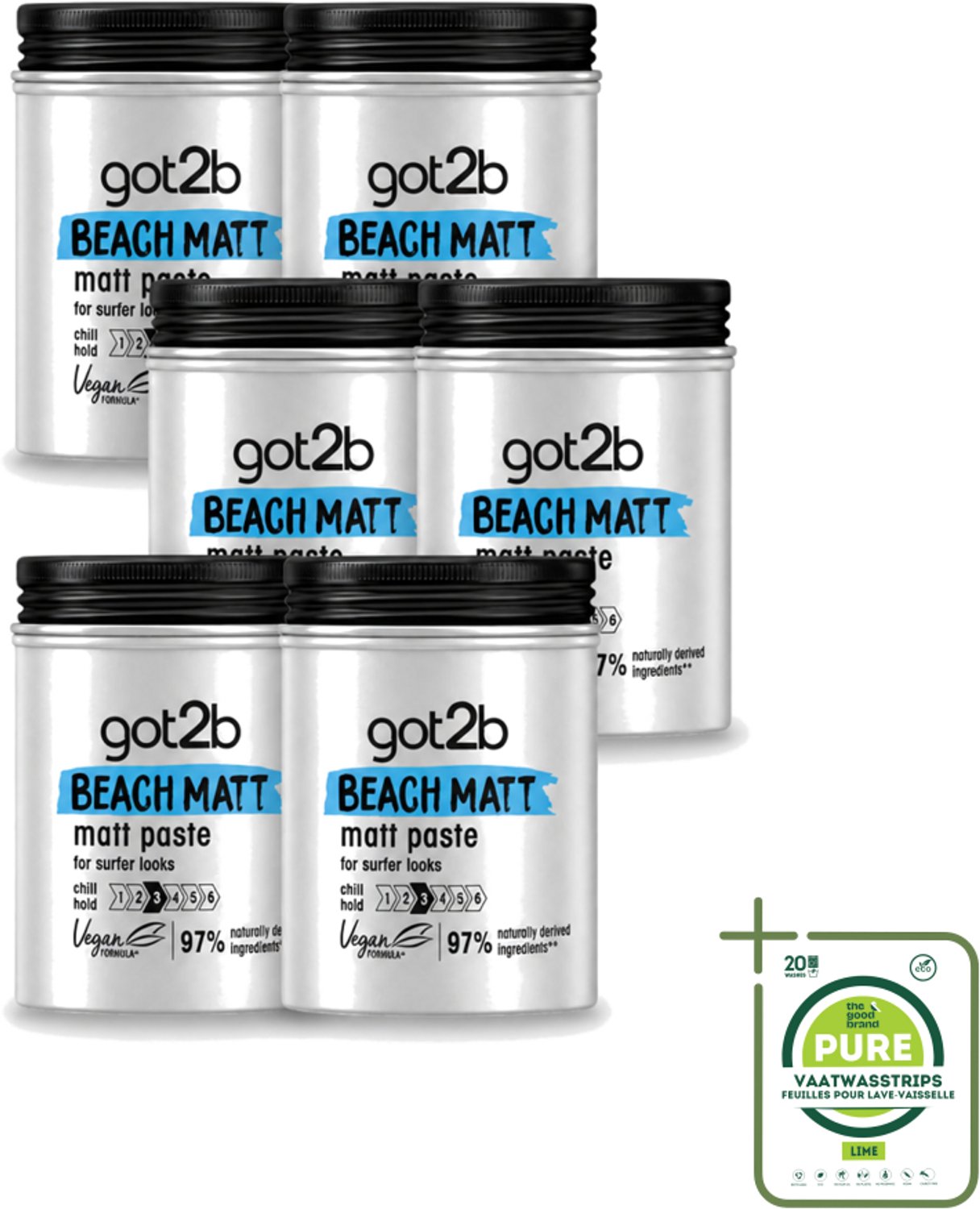 6 x Got2B - Styling Paste - Beach Matt - 100 ml - Grootverpakking - Beach Look - Matte Styling - Surfer Look - Natuurlijke Styling - Vegan Styling