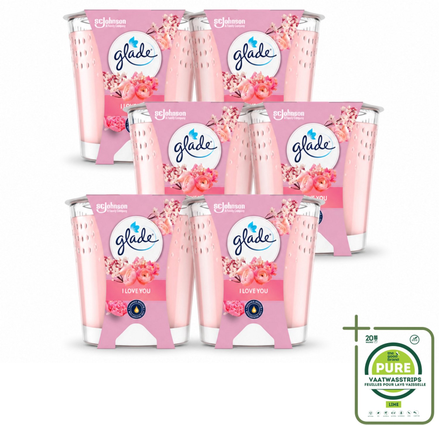 6 x Glade - Geurkaars I Love You - 100% Raapzaadwas & Vegan - 112 g - Grootverpakking - Vaatwasstrips - Geurkaars - Vegan - Bloemige Geur - Meloen - Perzik
