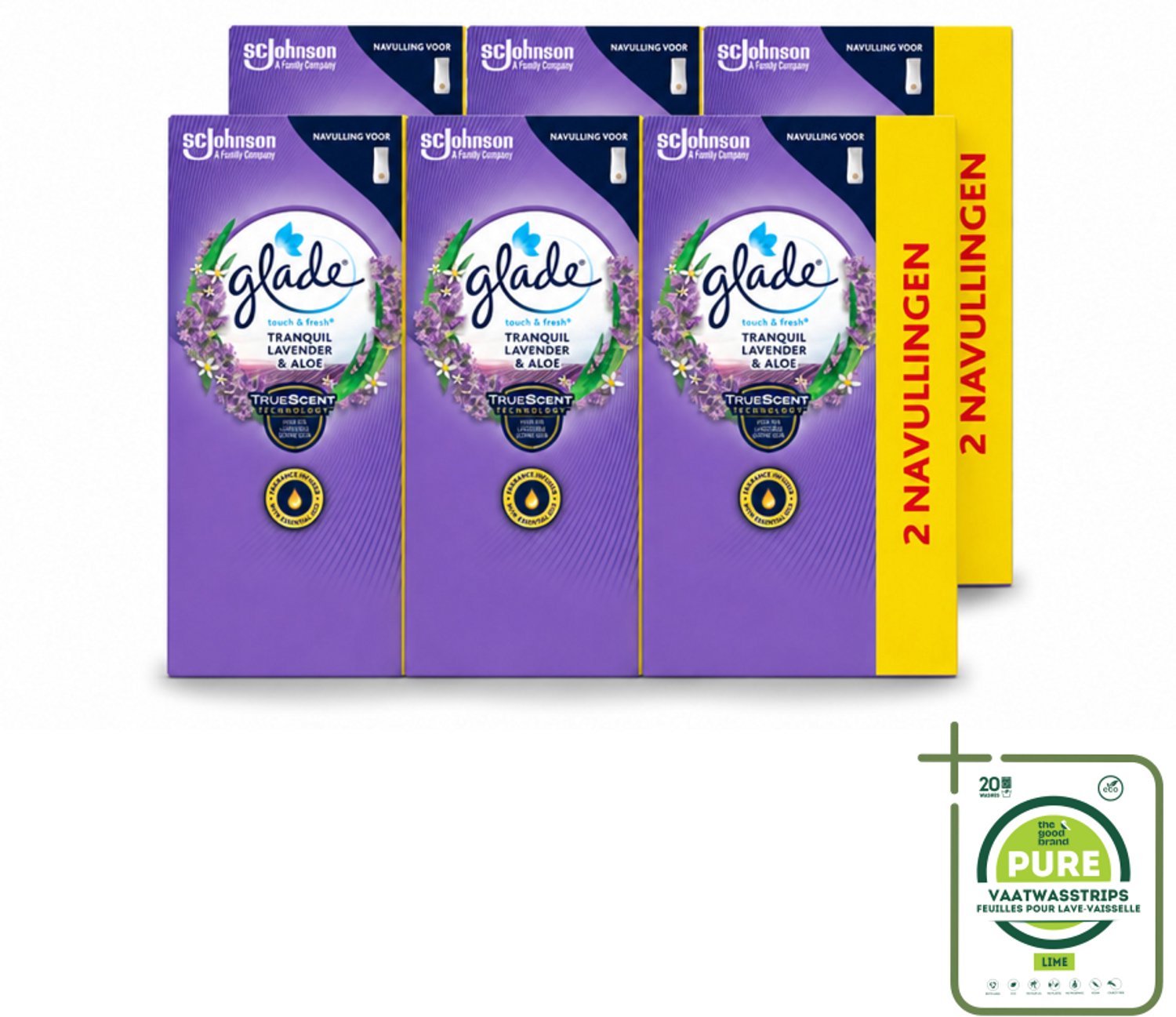 6 x Glade - Touch & Fresh Navulling - Tranquil Lavender & Aloë - 2 × 10 ml - Grootverpakking - Vaatwasstrips - Geur - Ontspanning - Frisse Geur - Natuurlijke Geur - Kalme Geur