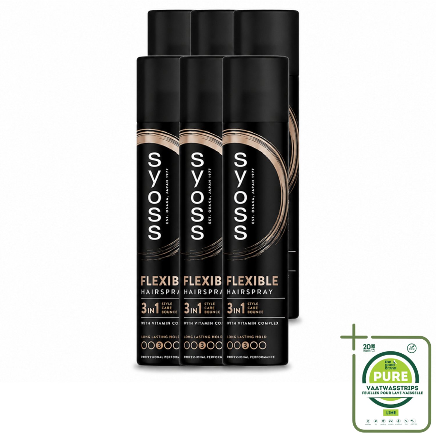 6 x Syoss - Hold & Flex - Haarspray - Flexibele Fixatie - 300 ml - Grootverpakking - Vaatwasstrips - Haarspray - Flexibele Fixatie - Natuurlijke Finish - Haar Verzorging - Haar Stijfheid
