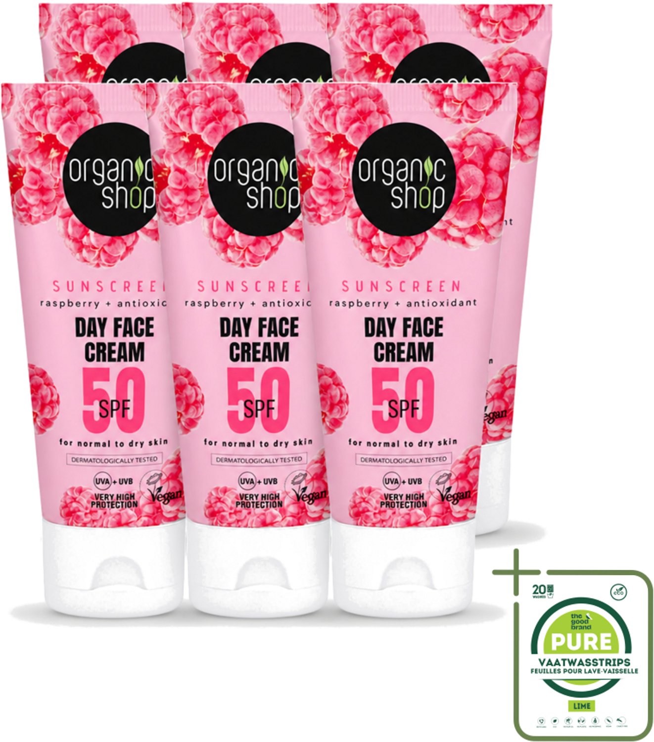 6 x Organic Shop - Zonnebrandcrème Gezicht SPF 50 - Normale Huid - 50 ml - Grootverpakking - Vaatwasstrips - Zonbescherming Gezicht - SPF 50 - Gezichtscreme - Huidbescherming - Droge Huid