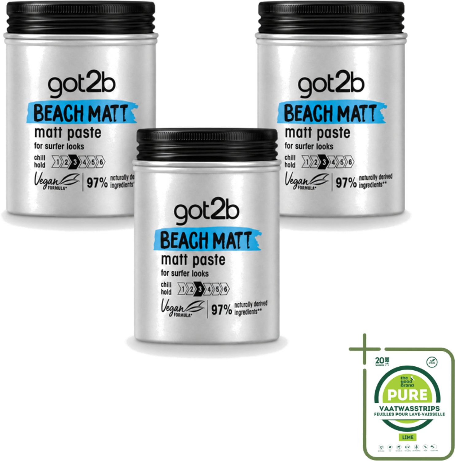 3 x Got2B - Styling Paste - Beach Matt - 100 ml - Grootverpakking - Beach Look - Matte Styling - Surfer Look - Natuurlijke Styling - Vegan Styling