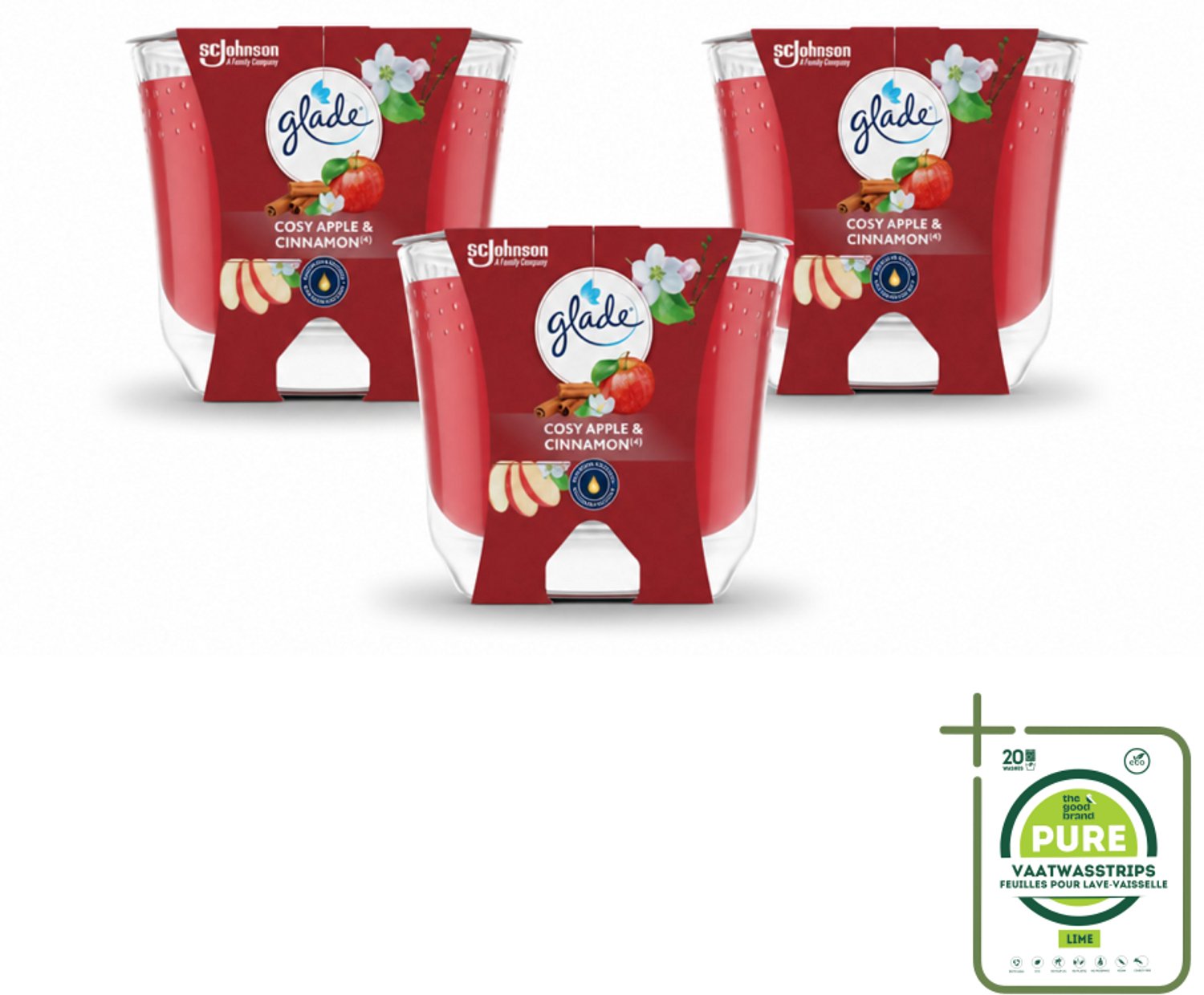 Glade 3 x Glade - Geurkaars Appel Kaneel - 100% Raapzaadwas - 204 g - Grootverpakking - Vaatwasstrips - Geurkaars - Warme Geur - Gezelligheid - Vegan - Natuurlijke Geur rood