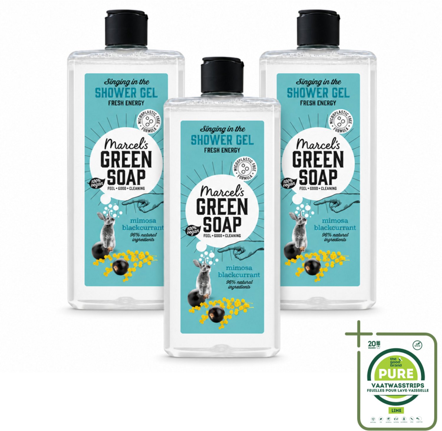 3 x Marcel's Green Soap - Douchegel - Mimosa & Zwarte Bes - Verzorgend & zacht - 300 ml - Grootverpakking - Vaatwasstrips - Douchegel - Natuurlijke Douchegel - Ecologische Douchegel - Vegan Douchegel - Mimosa Douchegel