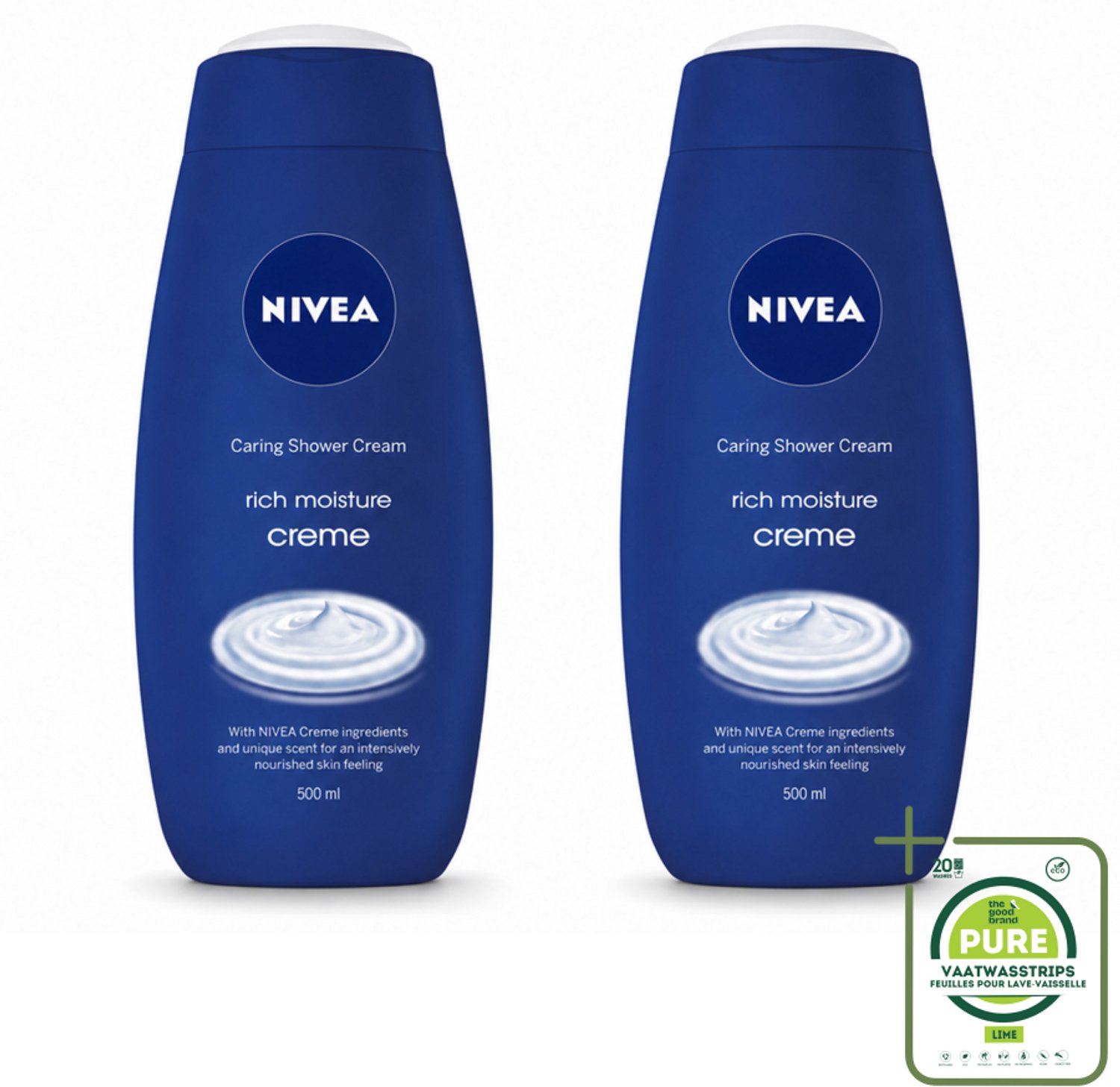 2 x NIVEA - Douchecrème - Rijke Hydratatie - Voedend Huidgevoel - 500 ml - Grootverpakking - Vaatwasstrips - Douchecrème - Voedende Douchecrème - Hydratatie - Huid Verzorging - NIVEA