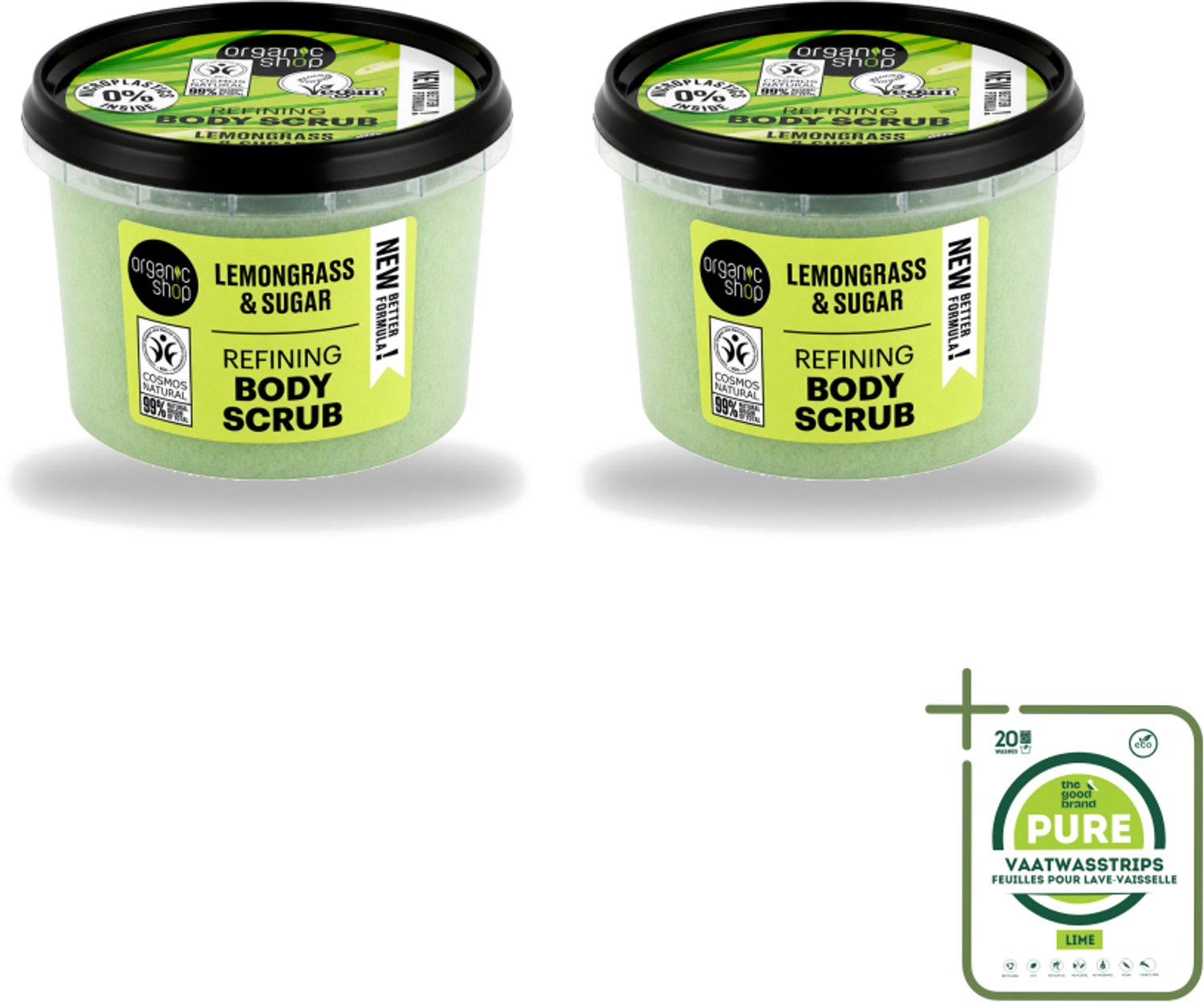 2 x Organic Shop - Body Scrub Lemongrass - Verfrissend en Verzorgend - 250 ml - Grootverpakking - Vaatwasstrips - Bodyscrub - Exfoliatie - Huidverzorging - Citroengrasolie - Suiker Scrub
