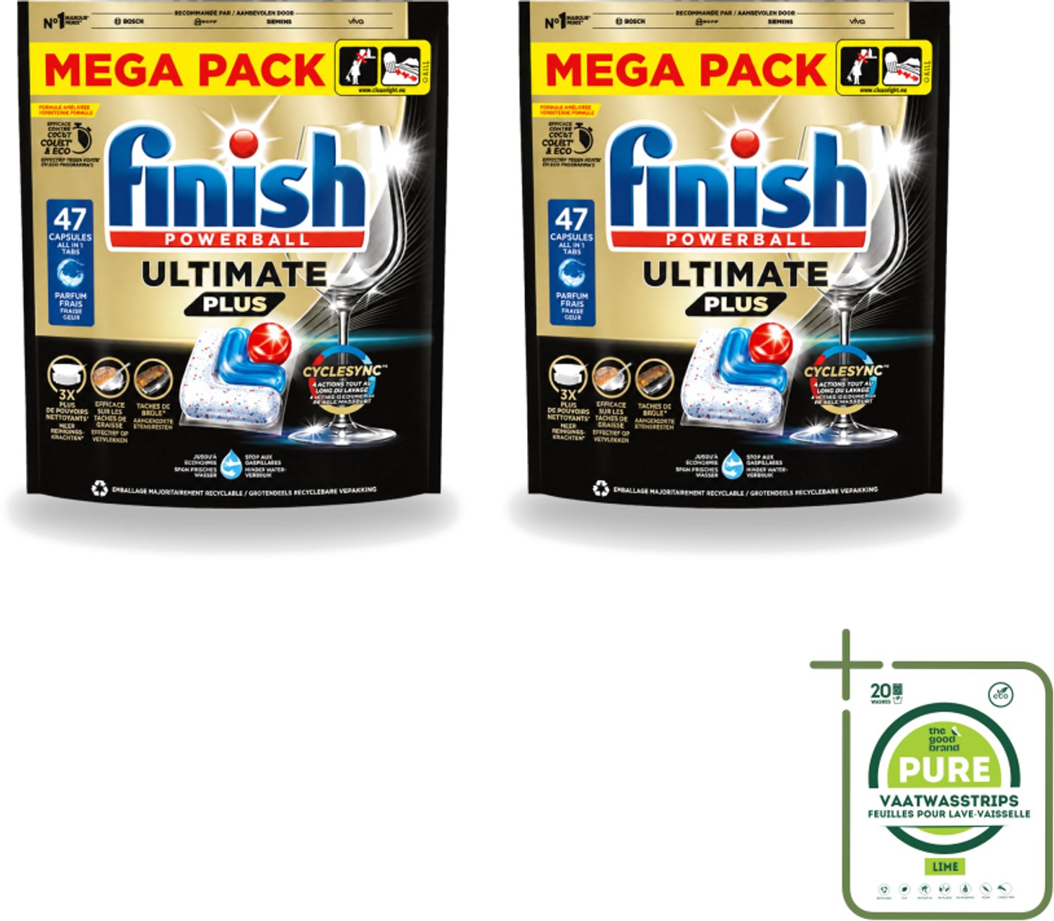 2 x Finish - Vaatwasmiddel - Ultimate Plus All in One Regular - Krachtige Alles-in-1 Reiniging - 47 capsules - Grootverpakking - Vaatwasstrips - Vaatwasmiddel - Vaatwasser - Reinigingscapsule - Glans - Aangekooken Etensresten