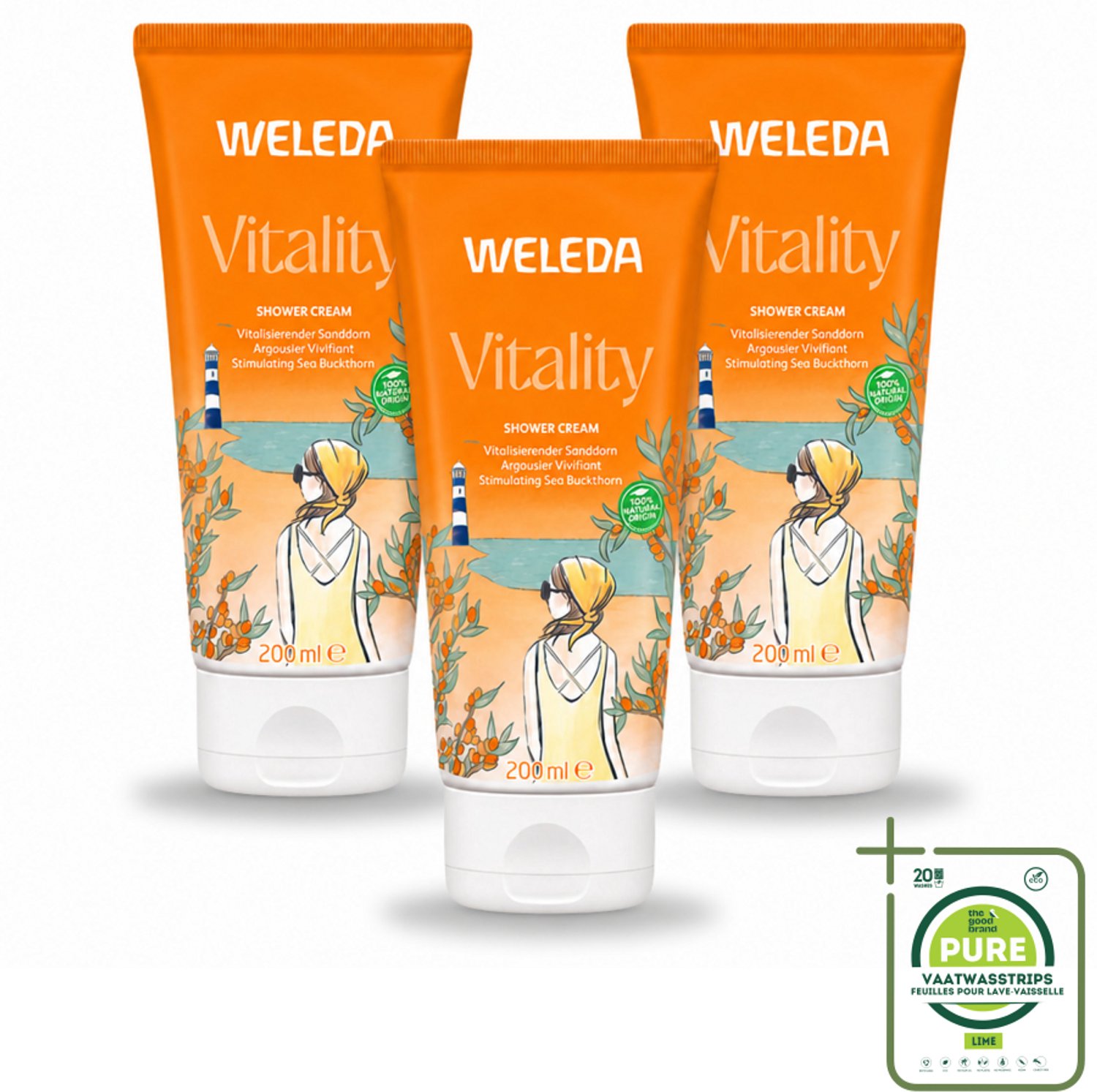 3 x WELEDA - Douchecrème Duindoorn Vitality - 200 ml - Grootverpakking - Vaatwasstrips - Douchecrème - Natuurlijke Douchecrème - Duindoornolie - Biologische Douchecrème - Frisse Geur