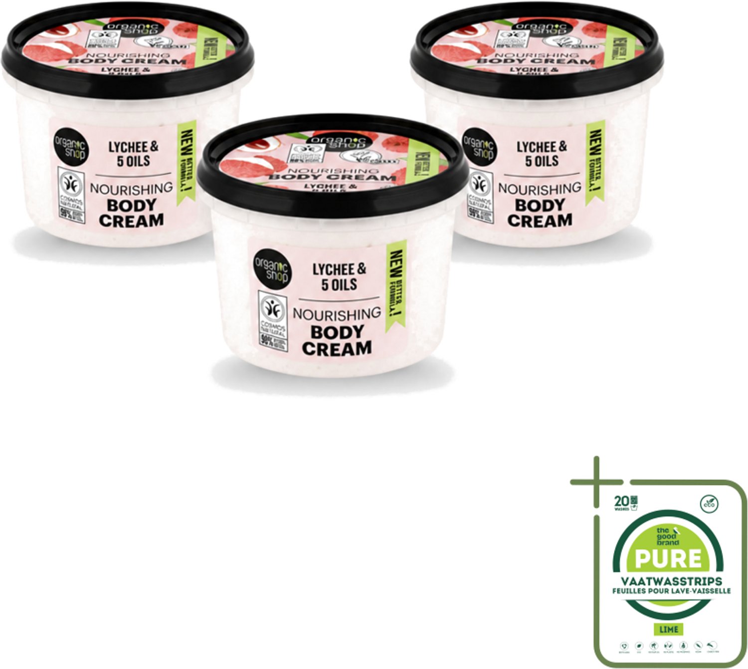 3 x Organic Shop - Nourishing Body Cream Lychee - Hydraterend en Voedend - 250 ml - Grootverpakking - Vaatwasstrips - Hydratatie - Voeding - Natuurlijke Crème - Lychee Crème - Huid Verzorging