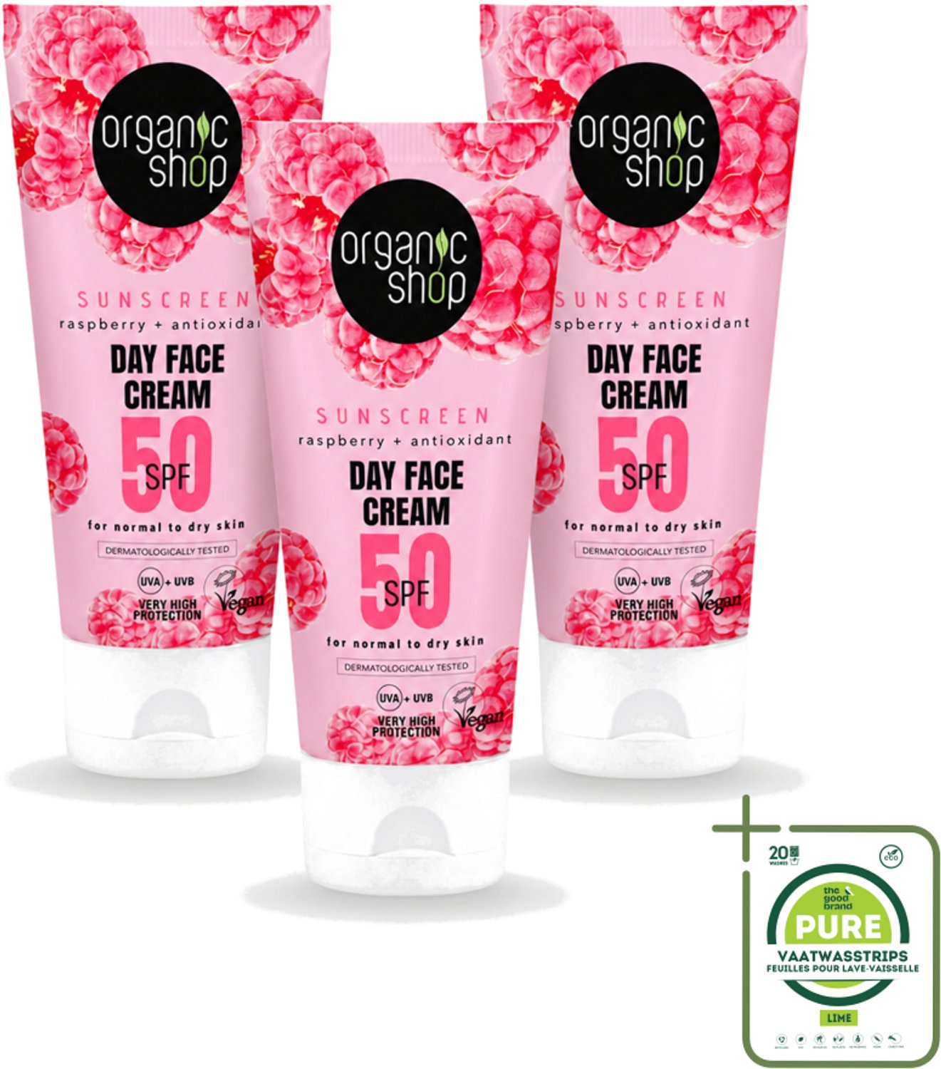 3 x Organic Shop - Zonnebrandcrème Gezicht SPF 50 - Normale Huid - 50 ml - Grootverpakking - Vaatwasstrips - Zonbescherming Gezicht - SPF 50 - Gezichtscreme - Huidbescherming - Droge Huid