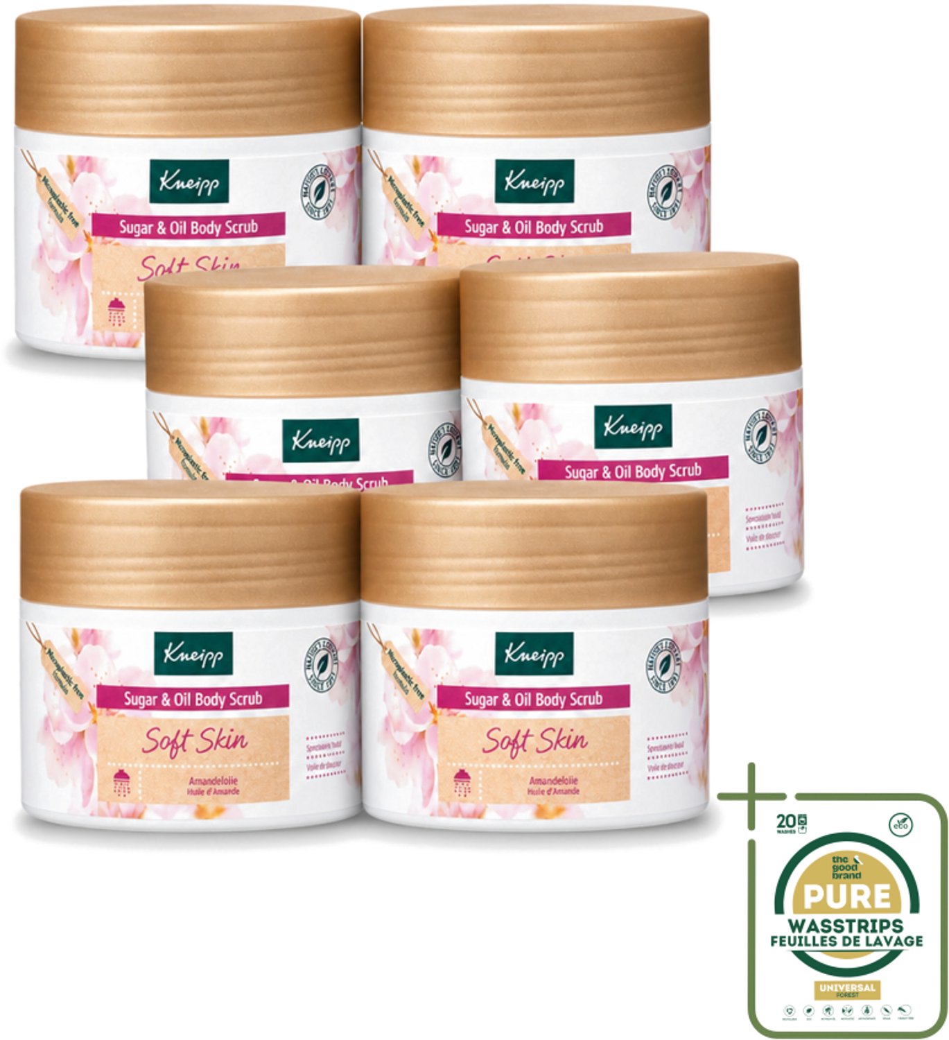 6 x Kneipp - Body scrub - Sugar & Oil - Soft Skin - Voor droge en gevoelige huid - 220 g - Wasstrips - Huidverzorging - Huidpeel - Suikerpeel - Amandelolie - Droge Huid